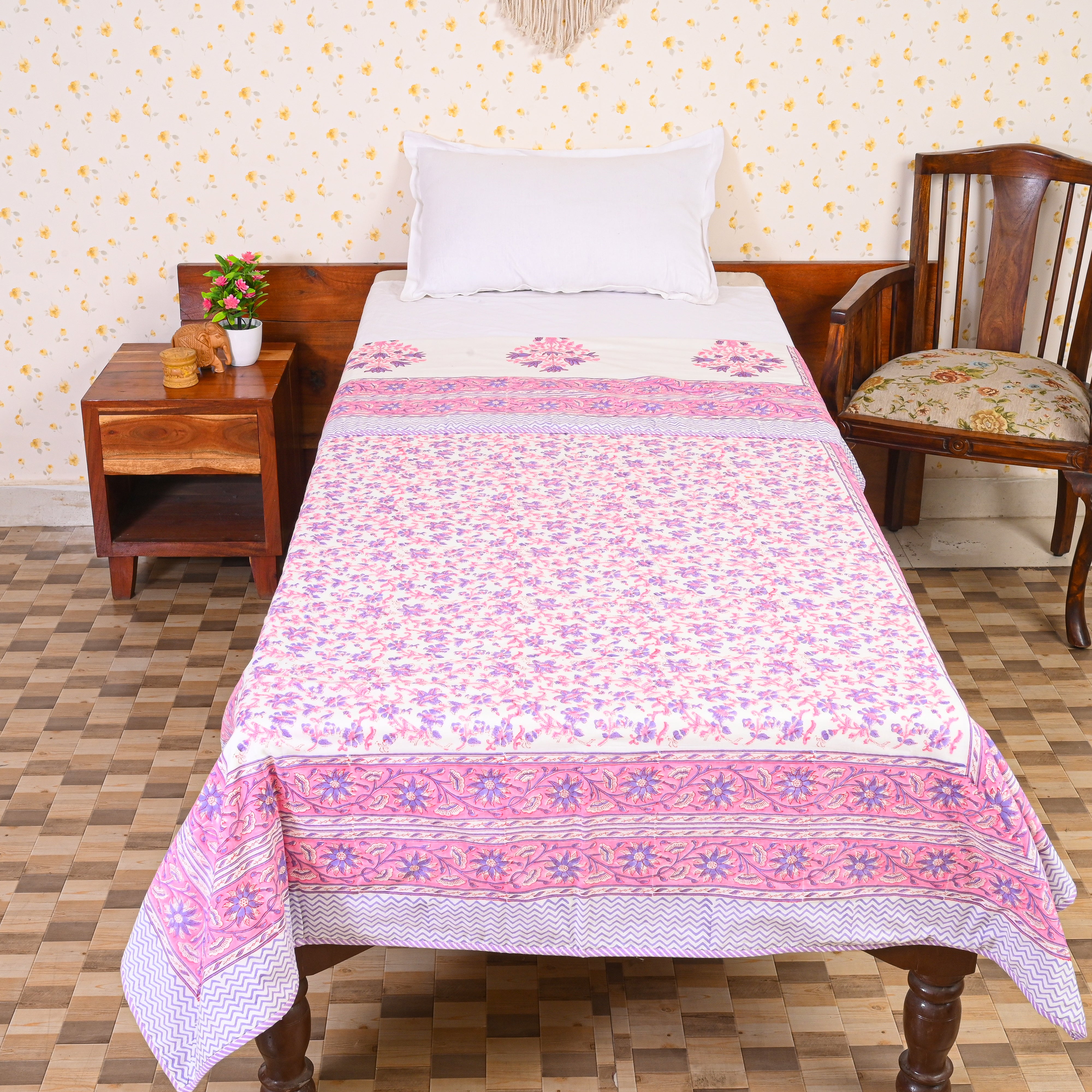 Cotton Mulmul Single Bed AC Quilt Dohar Pink-Blue Bliss Block Print