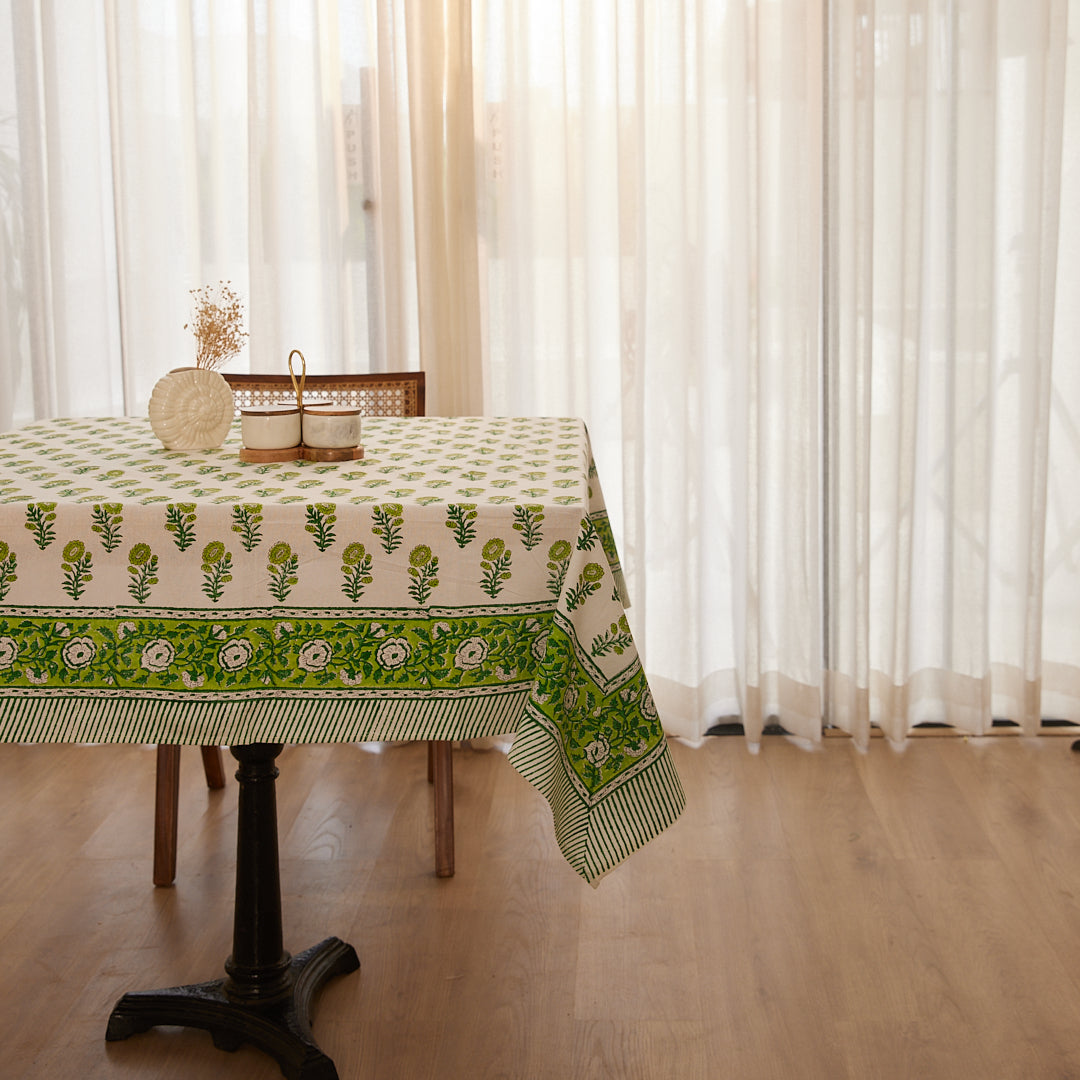 Cotton Table Cover Green Gerbera Floral Hand Block Print