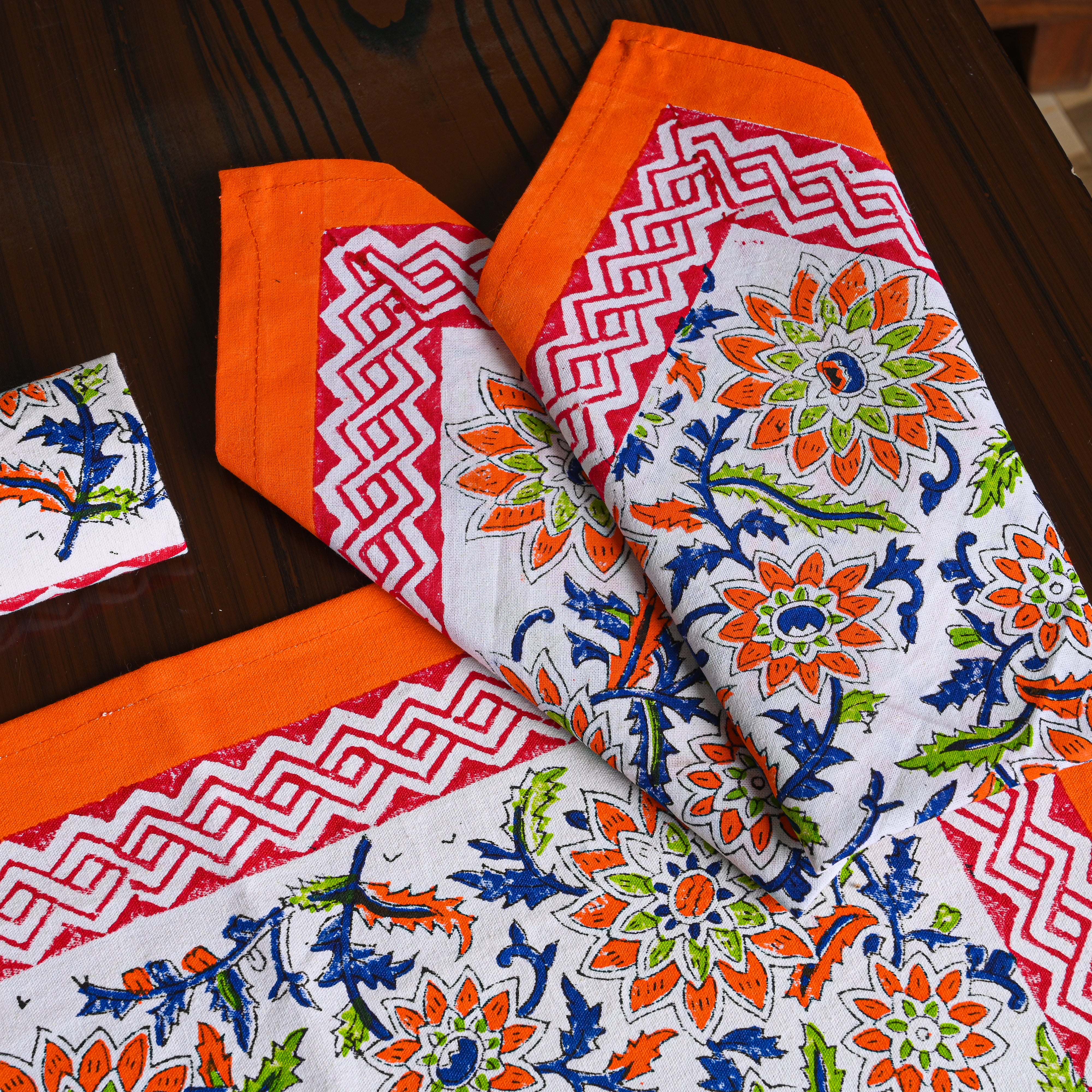 Canvas Table Mat And Napkin Dark Orange Block Print