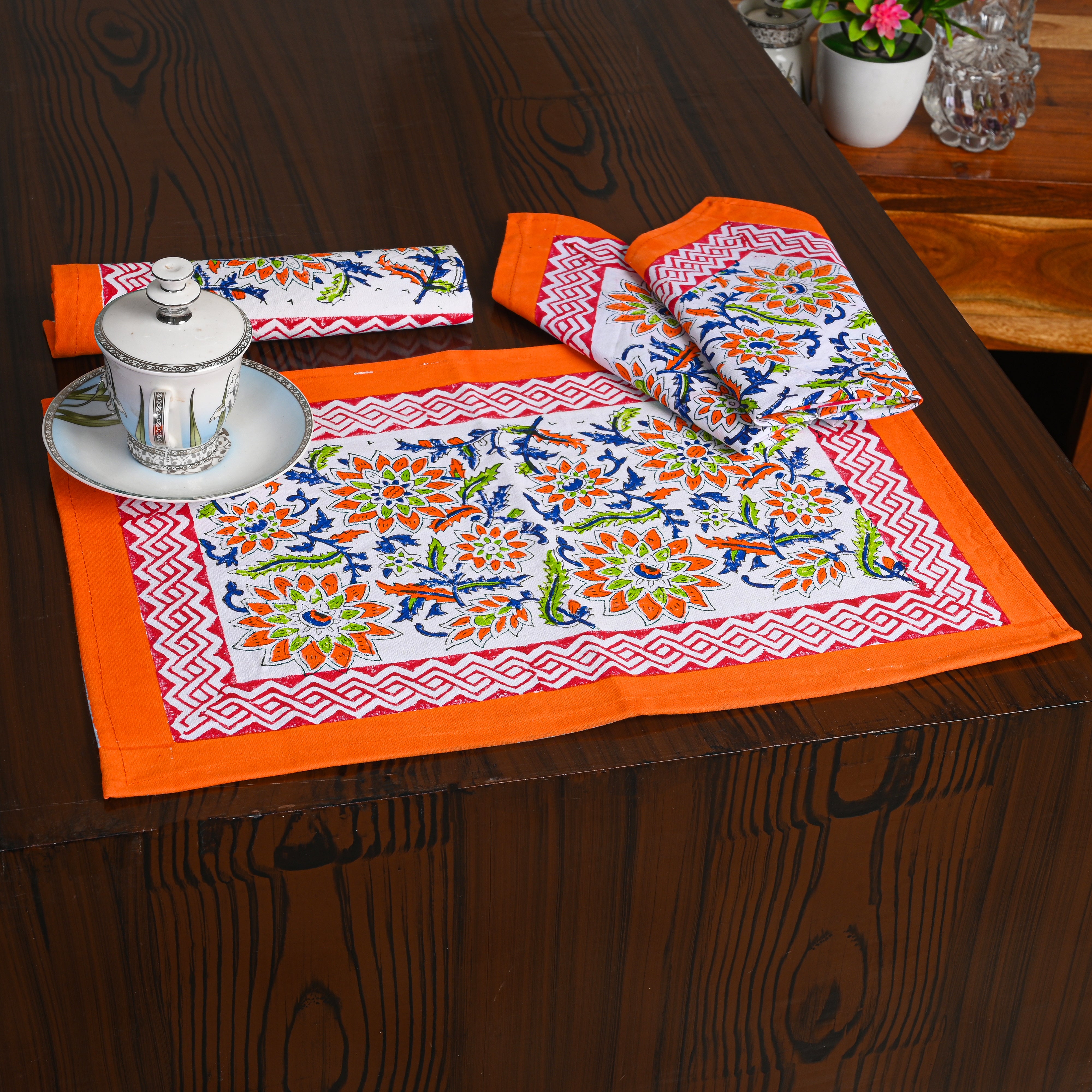 Canvas Table Mat And Napkin Dark Orange Block Print