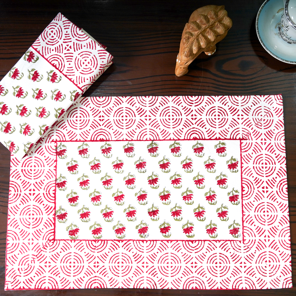 Canvas Table Mat And Napkin Red-Green Cherryblossom Floral Block Print