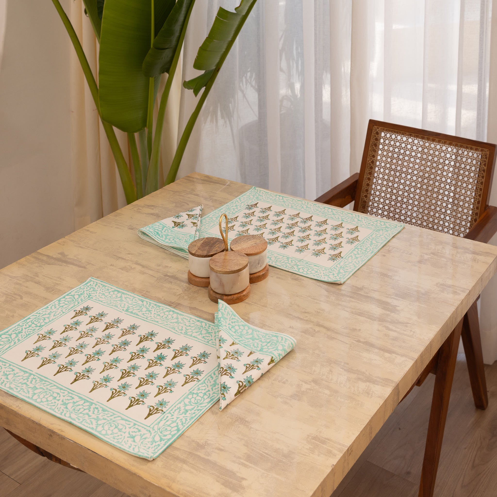 Canvas Table Mate And Napkin Light Green-Brown Floral Block Print