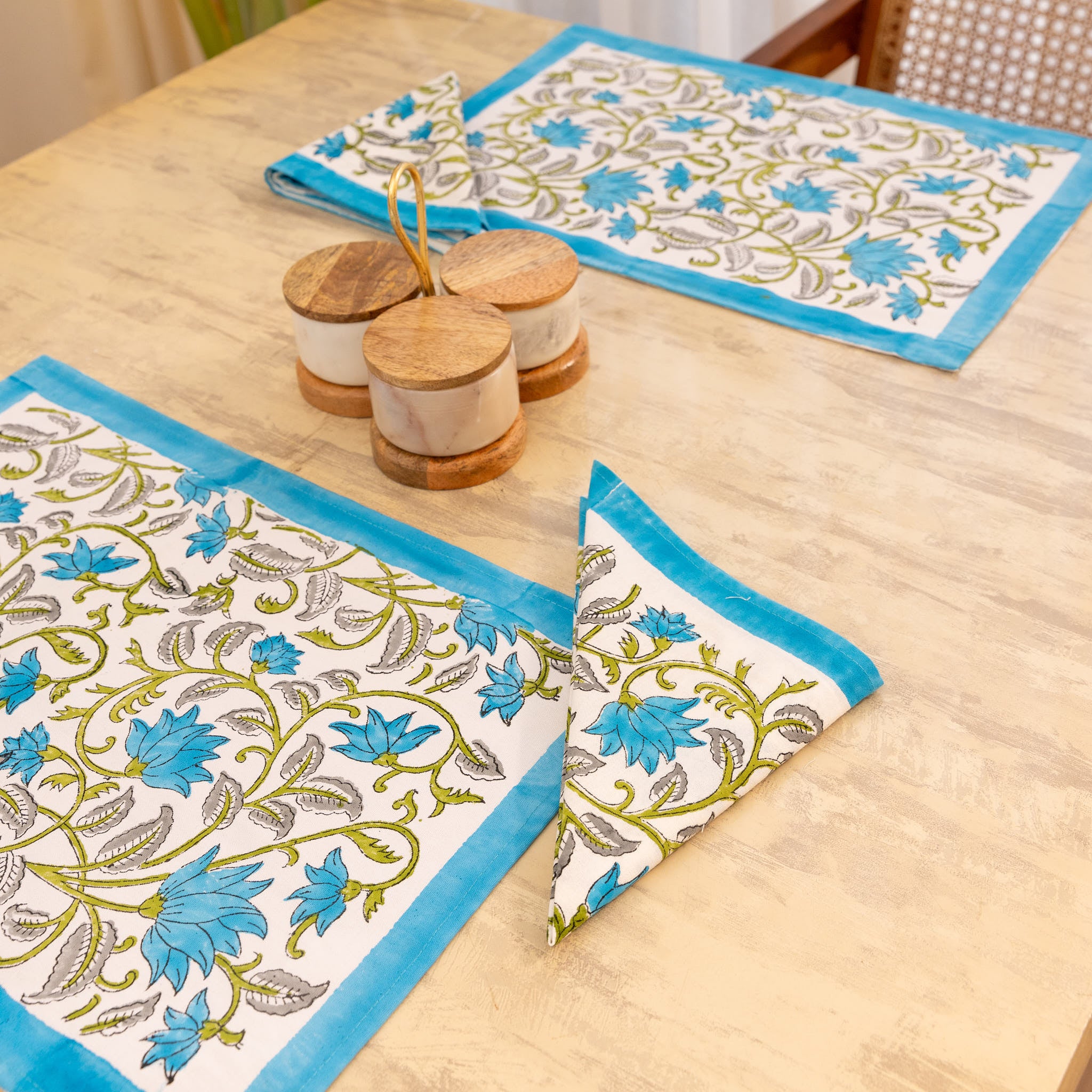 Cotton Table Mate And Napkin Blue-Grey Floral Jaal Block Print