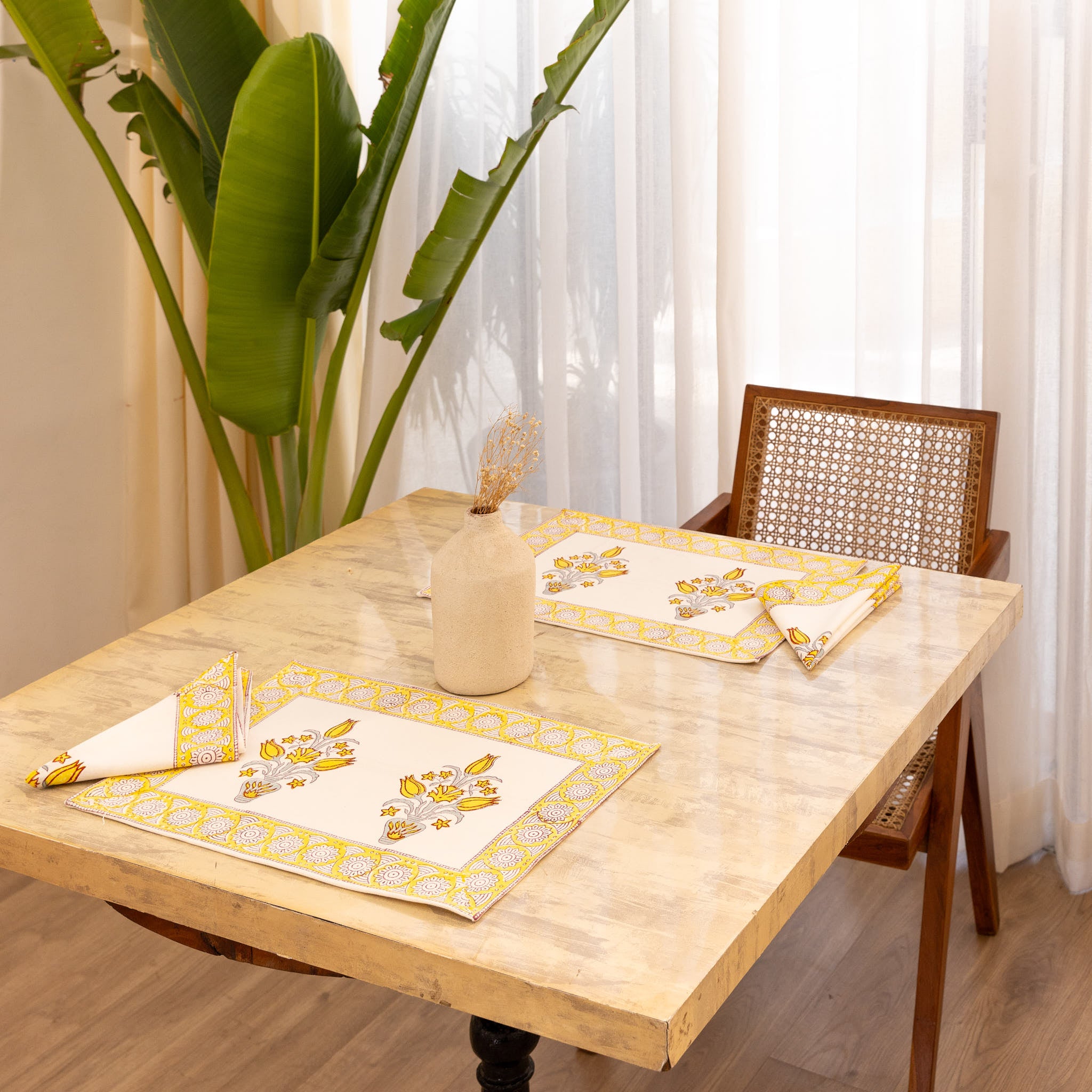 Canvas Table Mate And Napkin Light Yellow  Floral Block Print