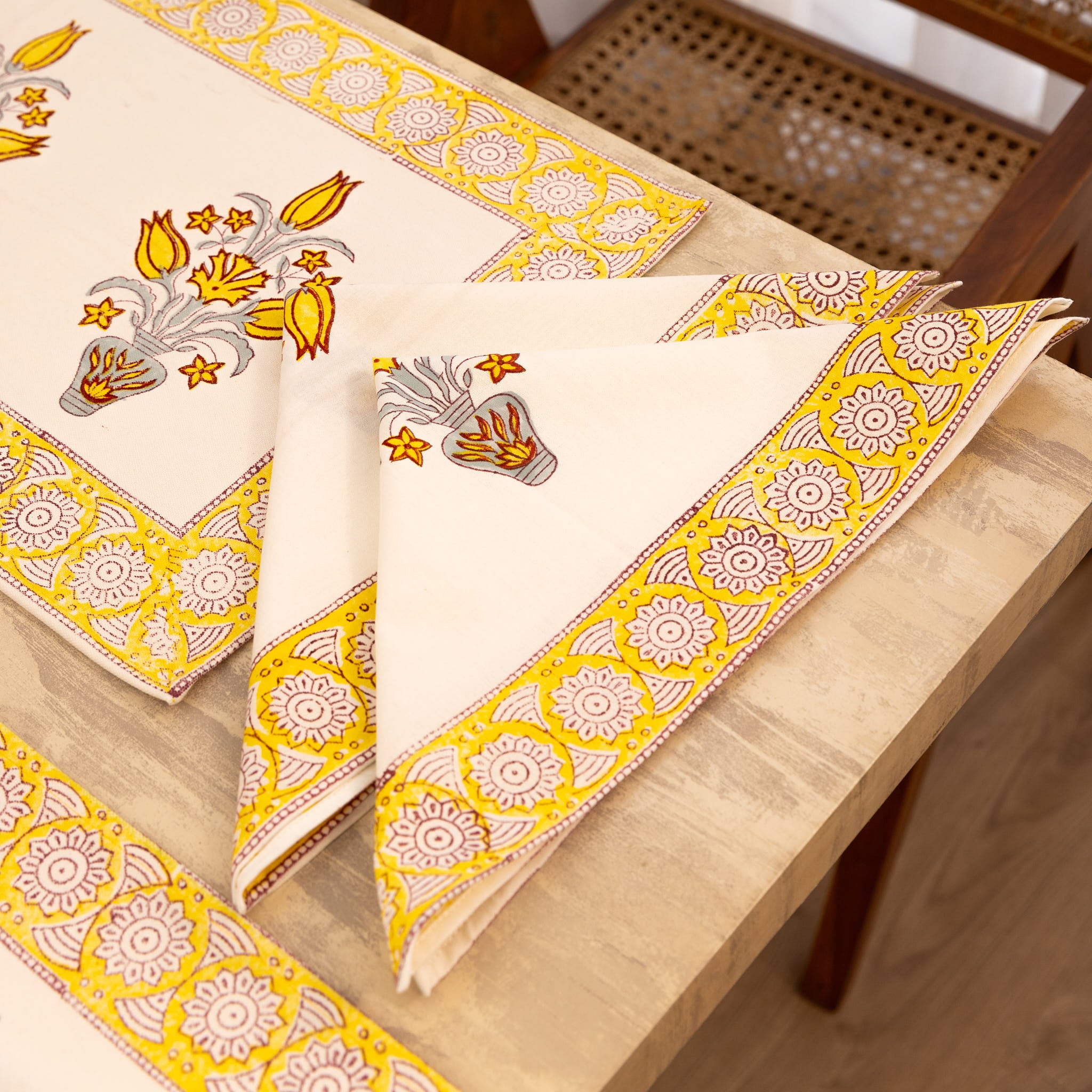 Canvas Table Mate And Napkin Light Yellow  Floral Block Print