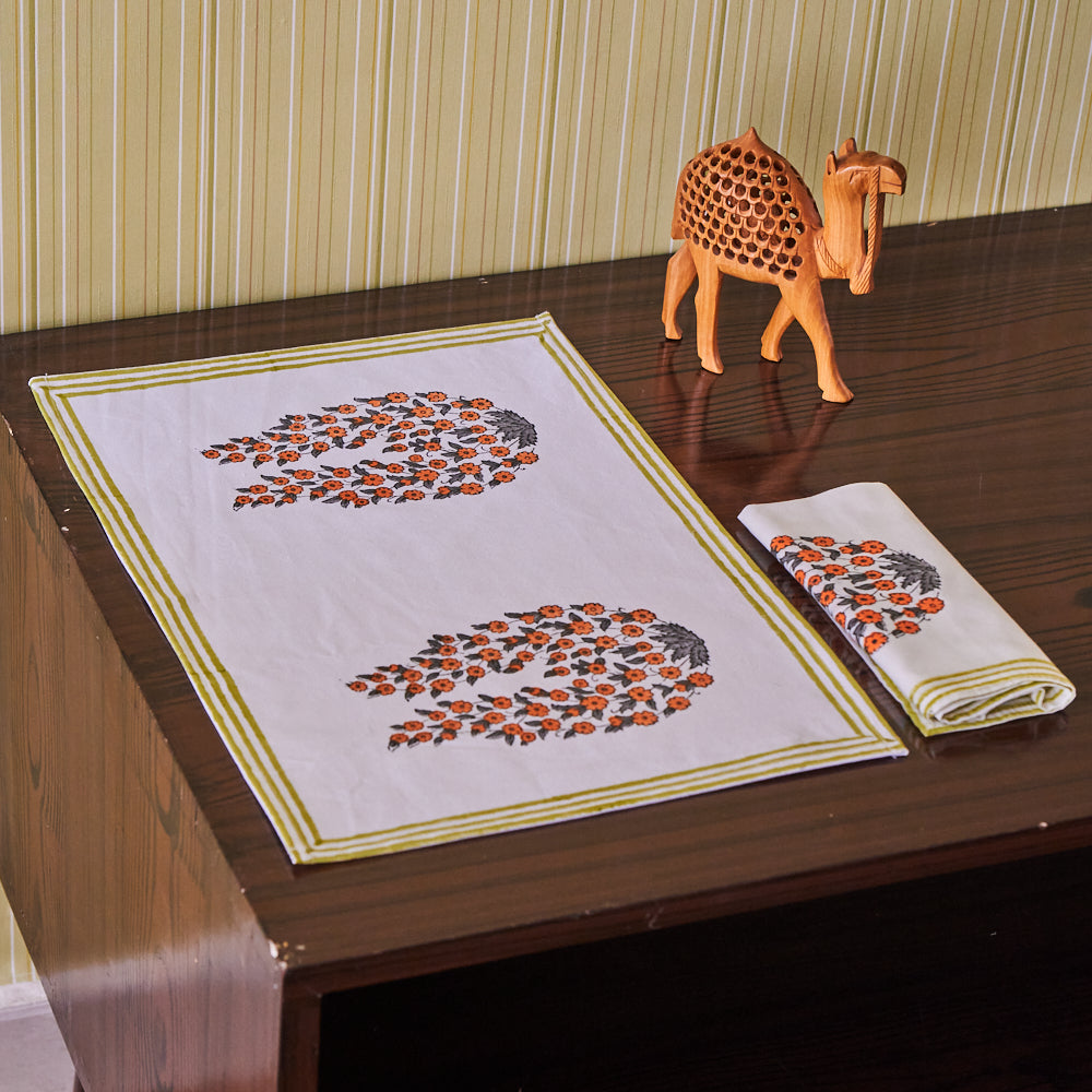 Canvas Table Mat and Napkin Set Orange Grey Floral Buta  Block Print