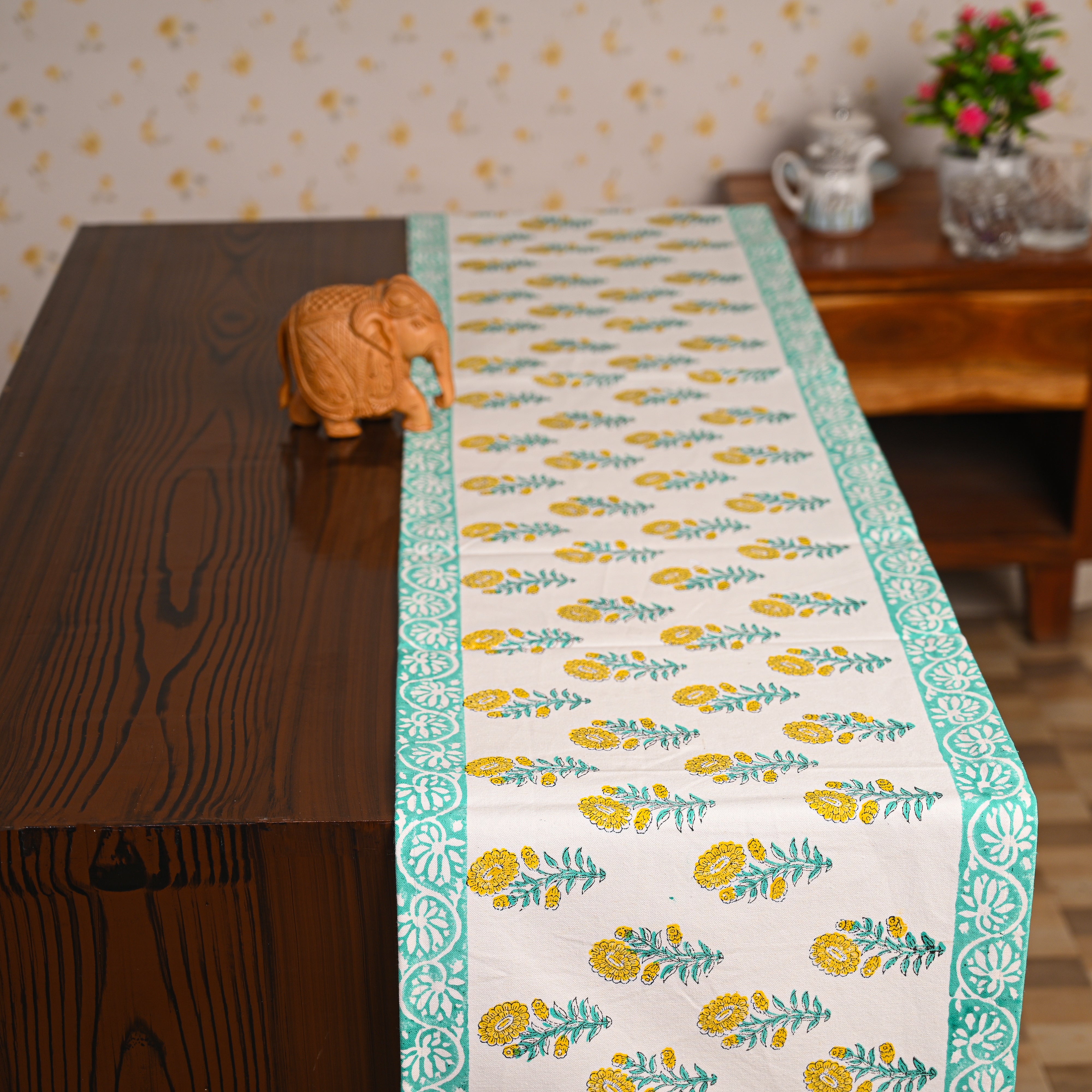 Canvas Table Runner Green Gerbera Floral Block Print