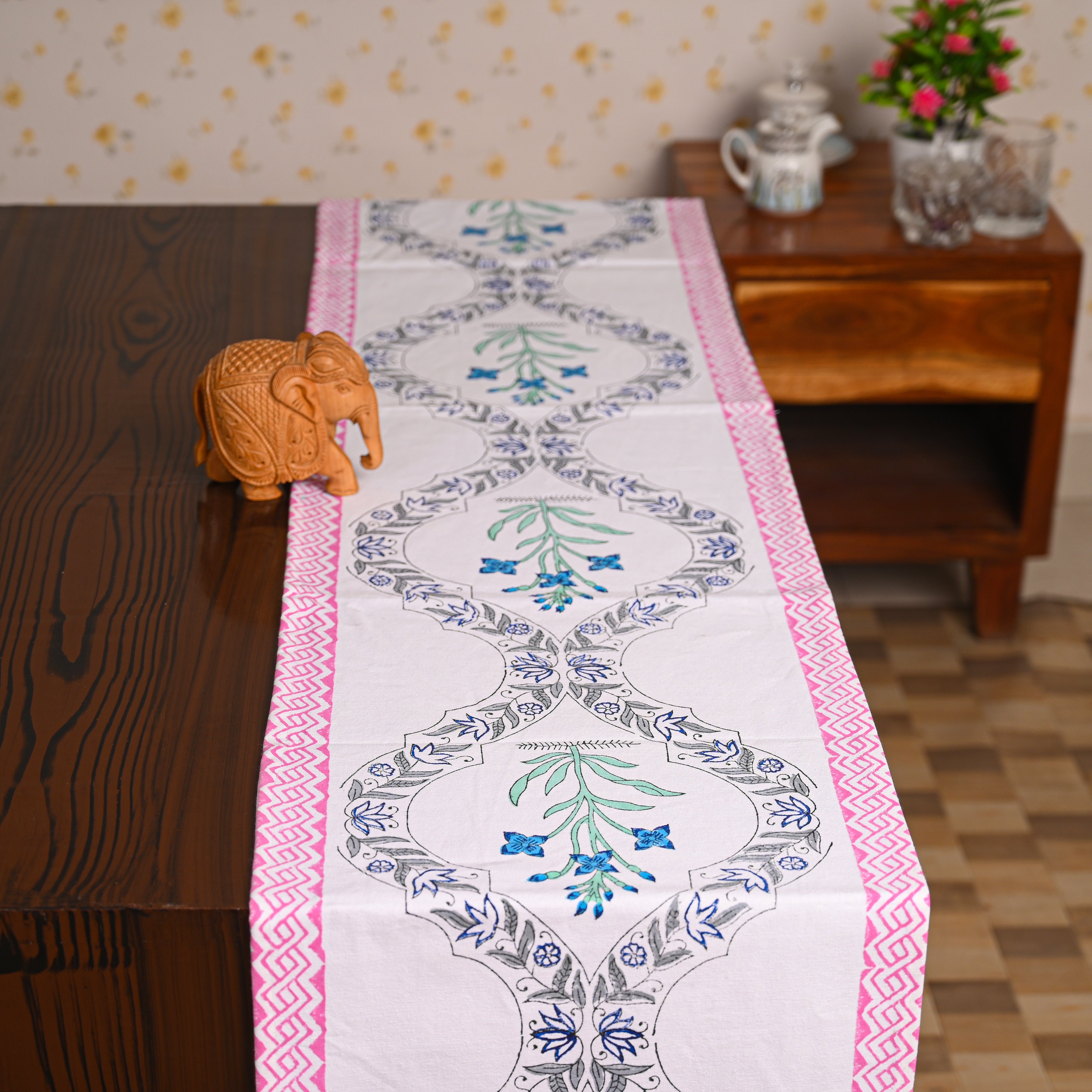 Canvas Table Runner Grey-Blue Floral Block Print