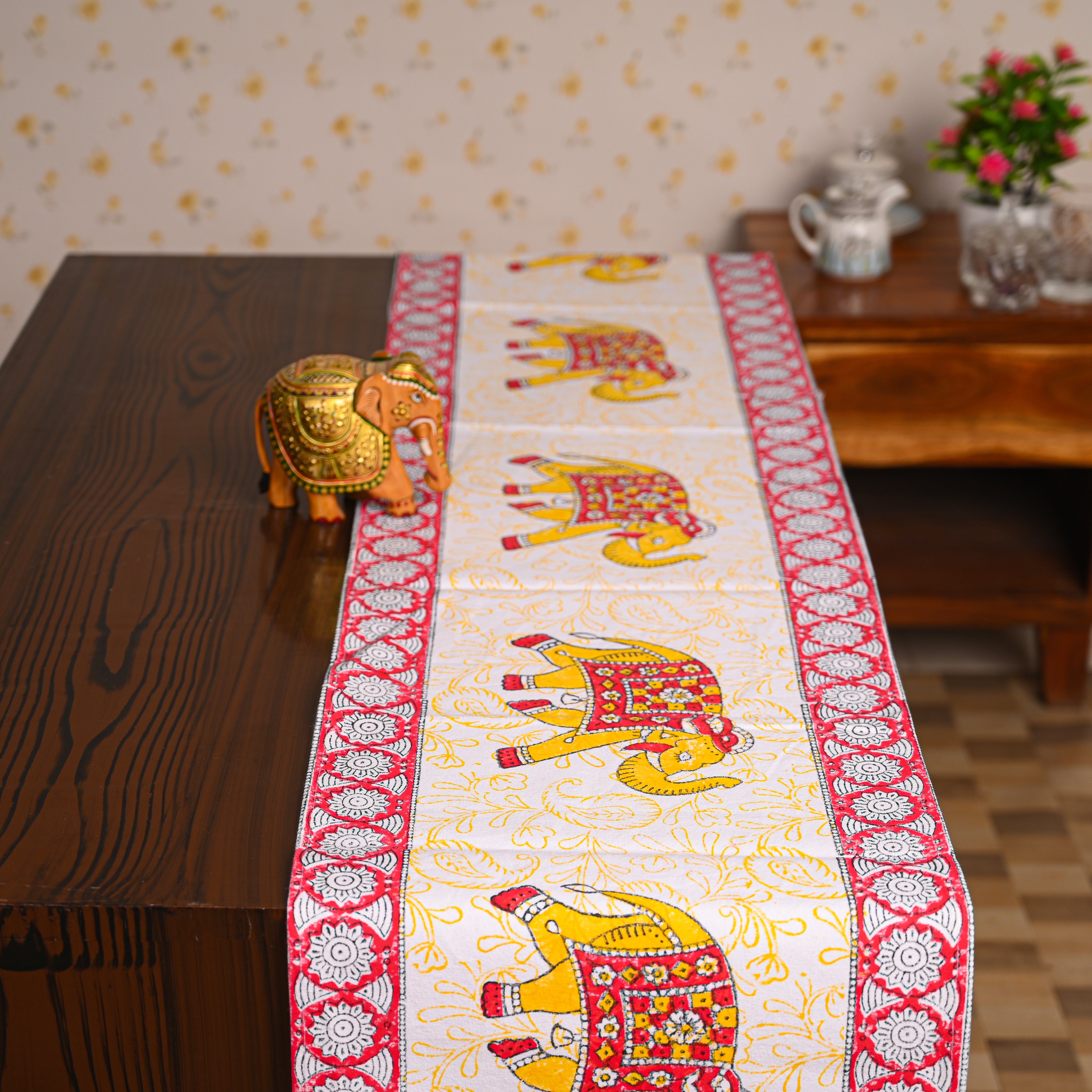 Canvas Table Runner Orange-Red Elephant Block Print