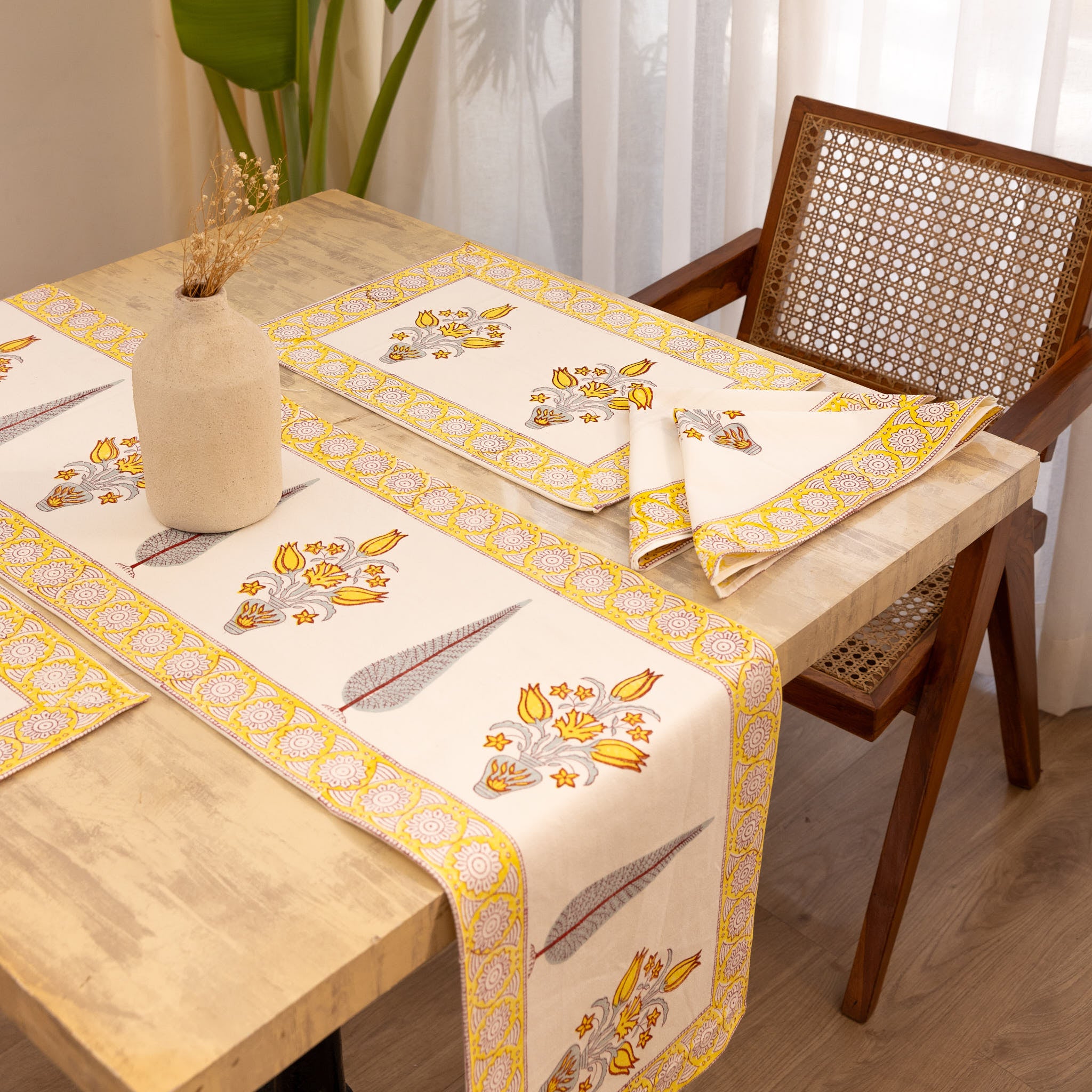 Canvas Table Runner Light Yellow  Floral Block Print