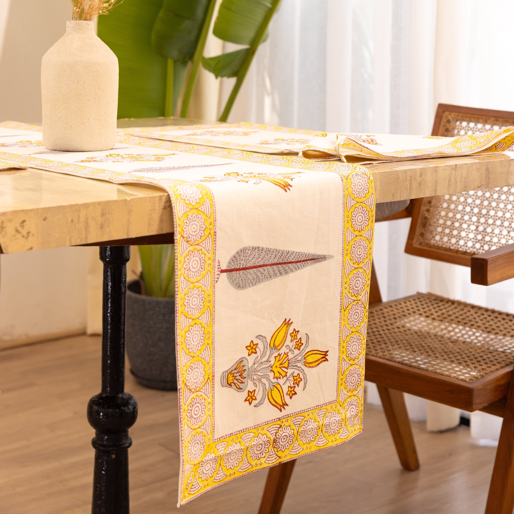 Canvas Table Runner Light Yellow  Floral Block Print