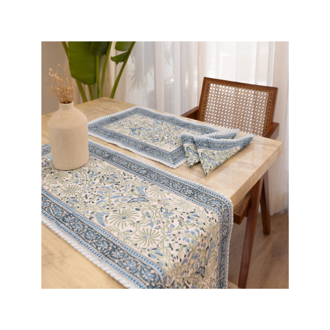 Cotton Table Runner Blue-Green Floral Jaal Block Print