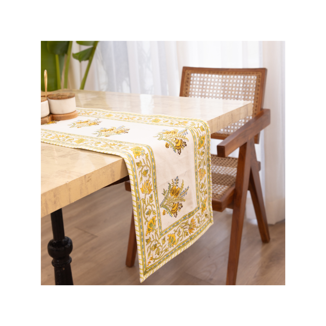 Cotton Table Runner Yellow-Green Floral Block Print