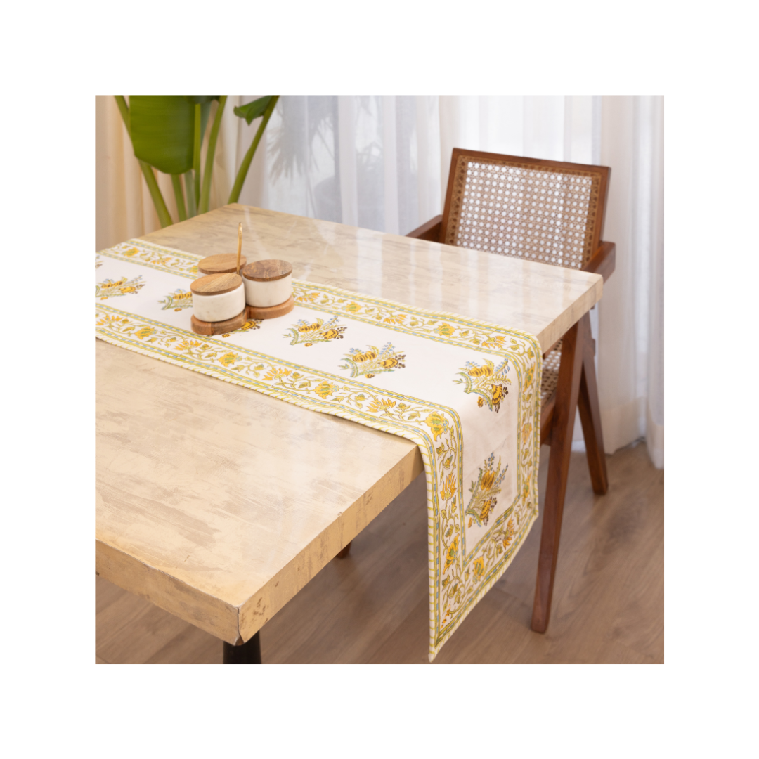 Cotton Table Runner Yellow-Green Floral Block Print