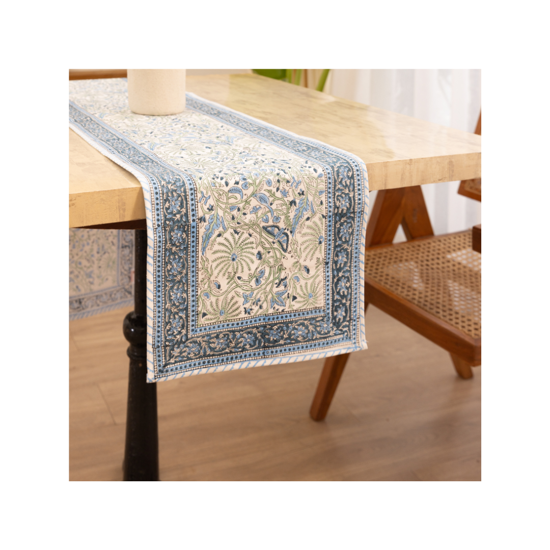 Cotton Table Runner Blue-Green Floral Jaal Block Print