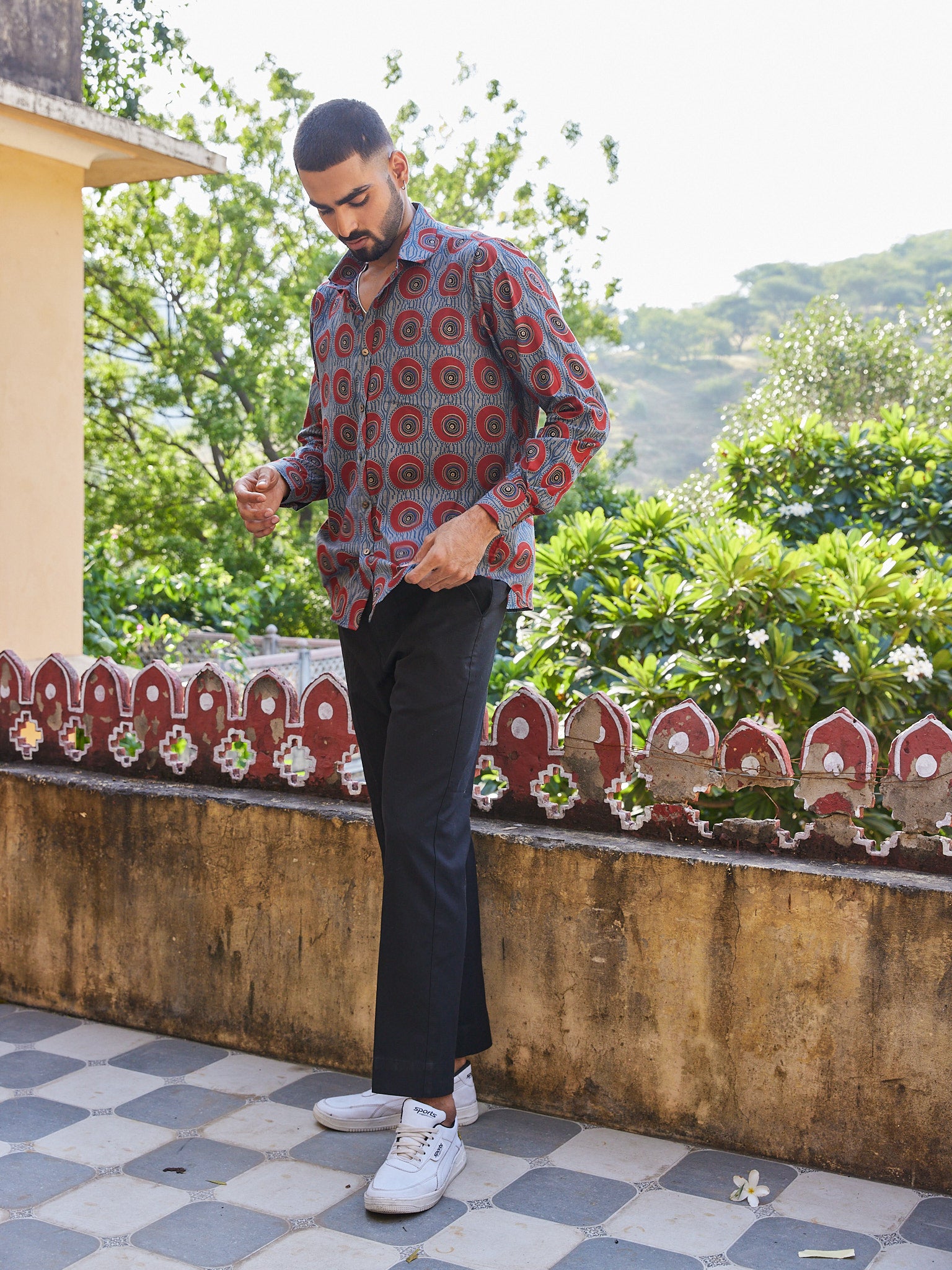 Cotton Blue-Red Ajrakh Geometric Men's Fullsleeves Shirt