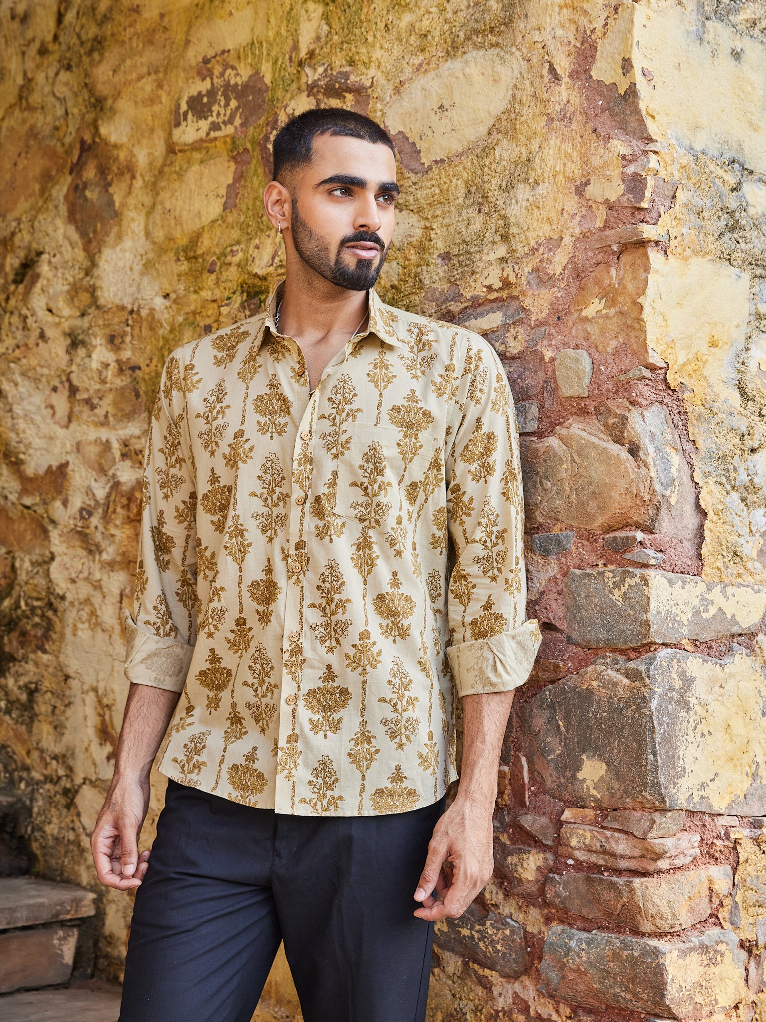 Cotton Brown Floral Men's Fullsleeves Shirt