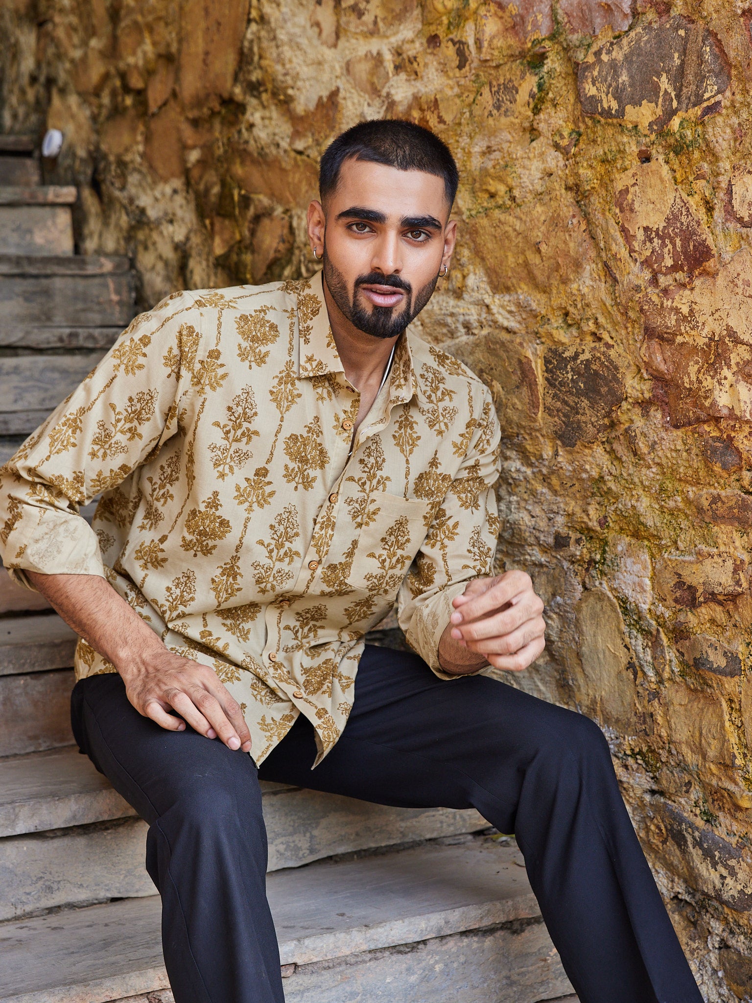 Cotton Brown Floral Men's Fullsleeves Shirt