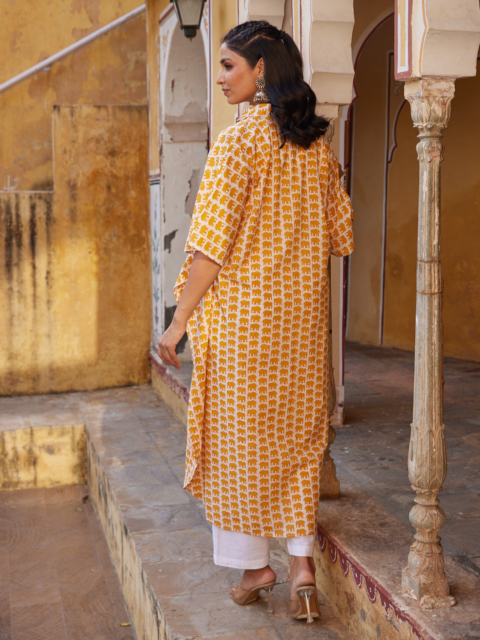 Cotton Yellow Elephant Womens Kaftan Shirt Dress