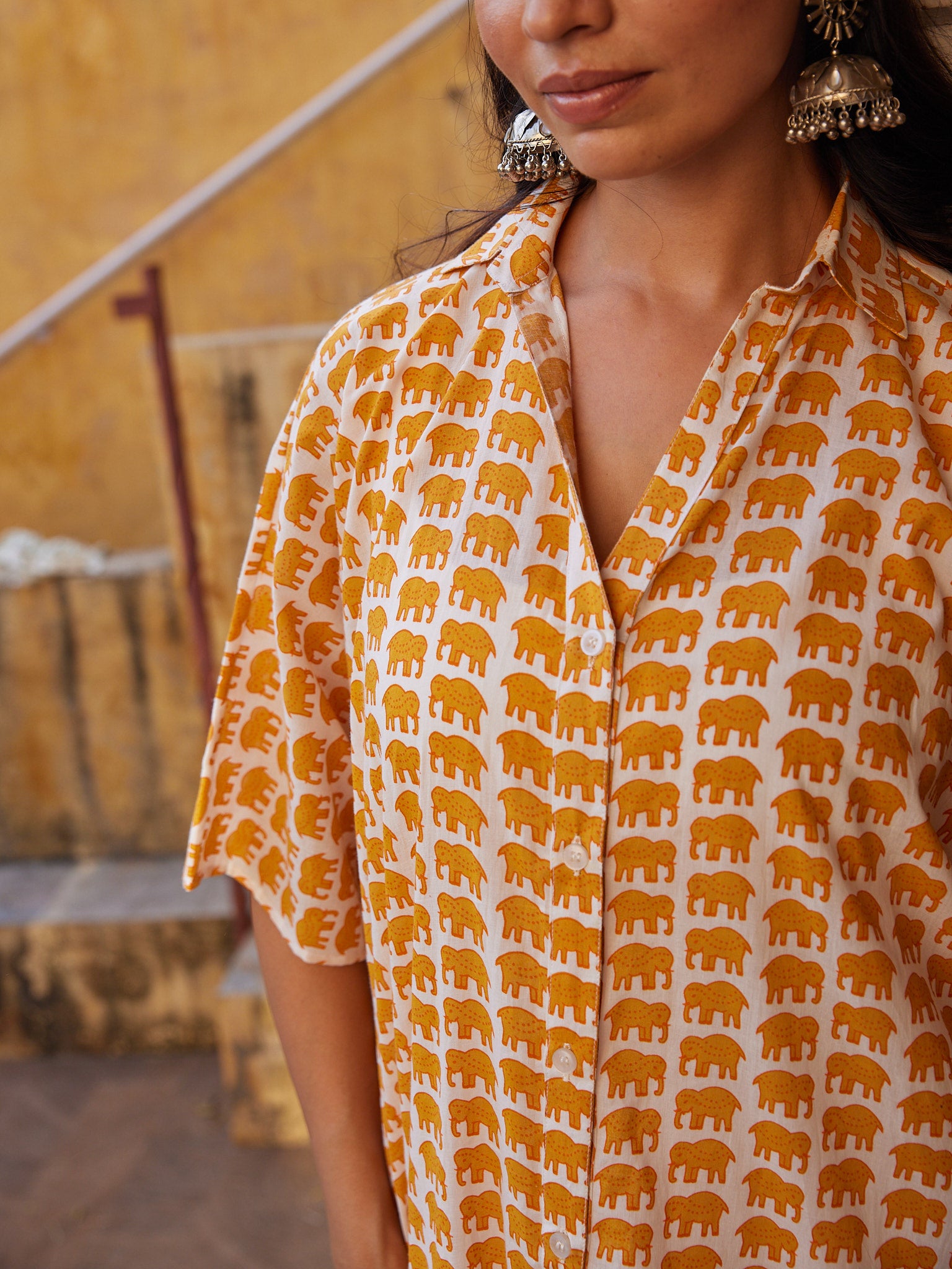 Cotton Yellow Elephant Womens Kaftan Shirt Dress