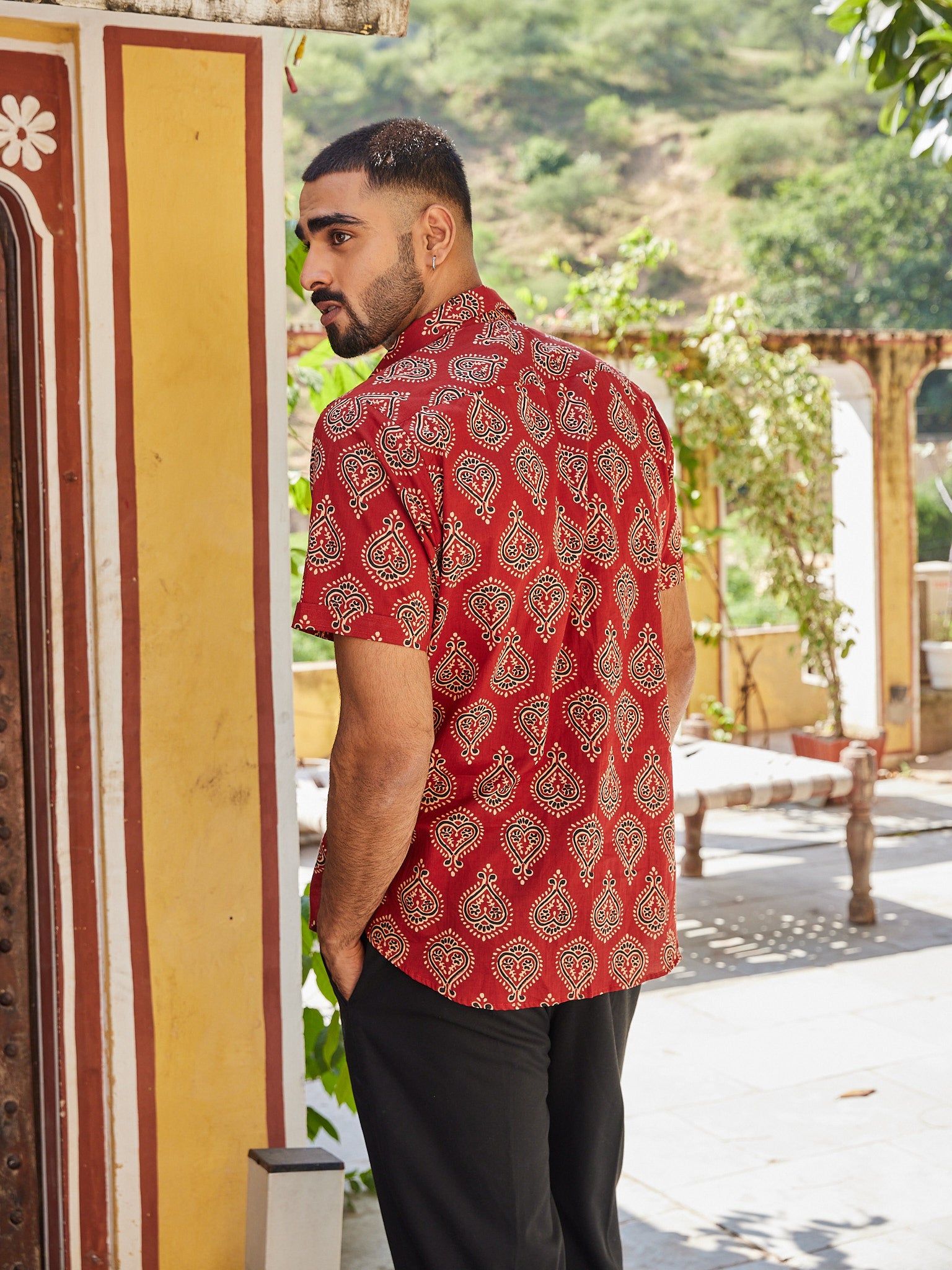 Cotton Red-Cream Paisley Half Sleeves Shirt