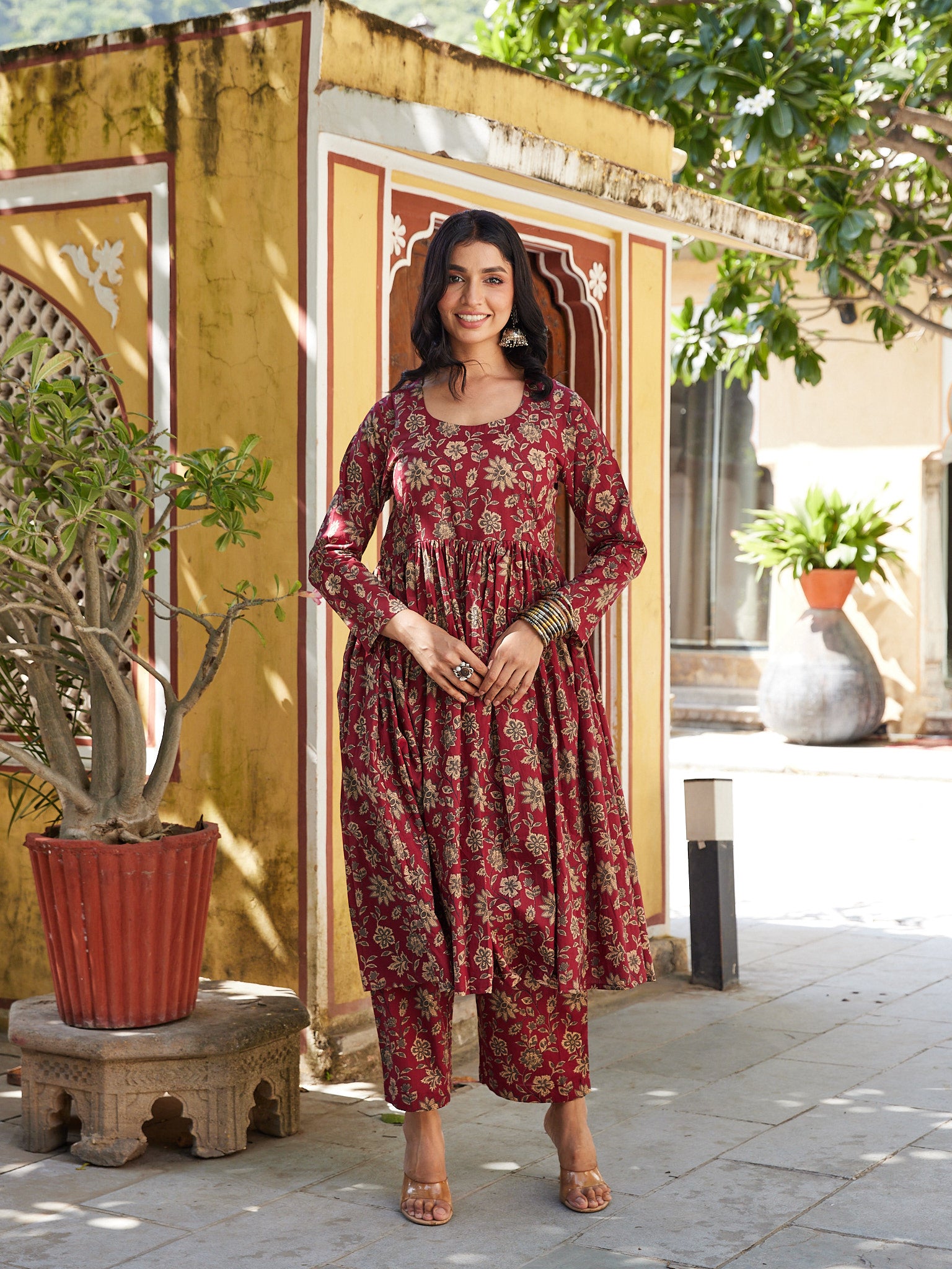 Cotton Women's Maroon-Cream Floral Kurta Pant Set