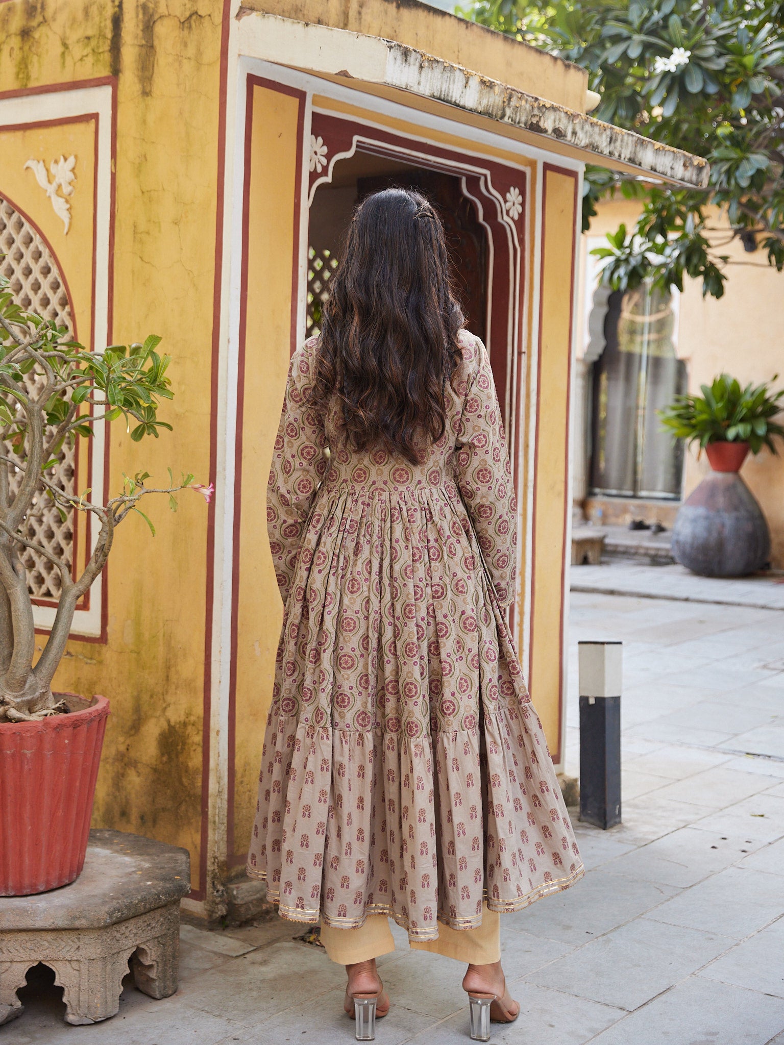 Cotton Light Brown Womens Long Angrakha Kurti