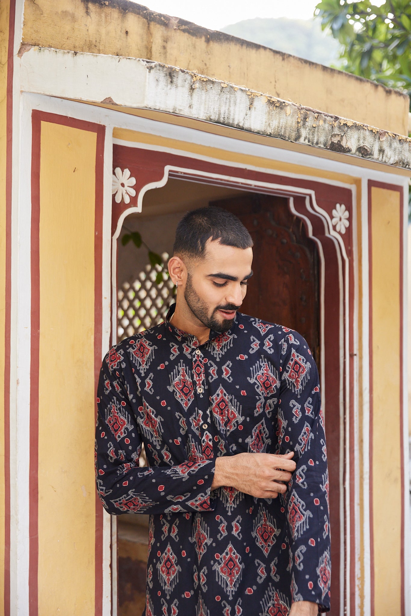 Cotton Black-Red Geometric Block Print Men's Ethnic Kurta