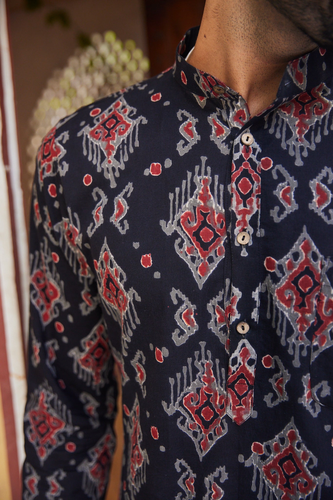 Cotton Black-Red Geometric Block Print Men's Ethnic Kurta