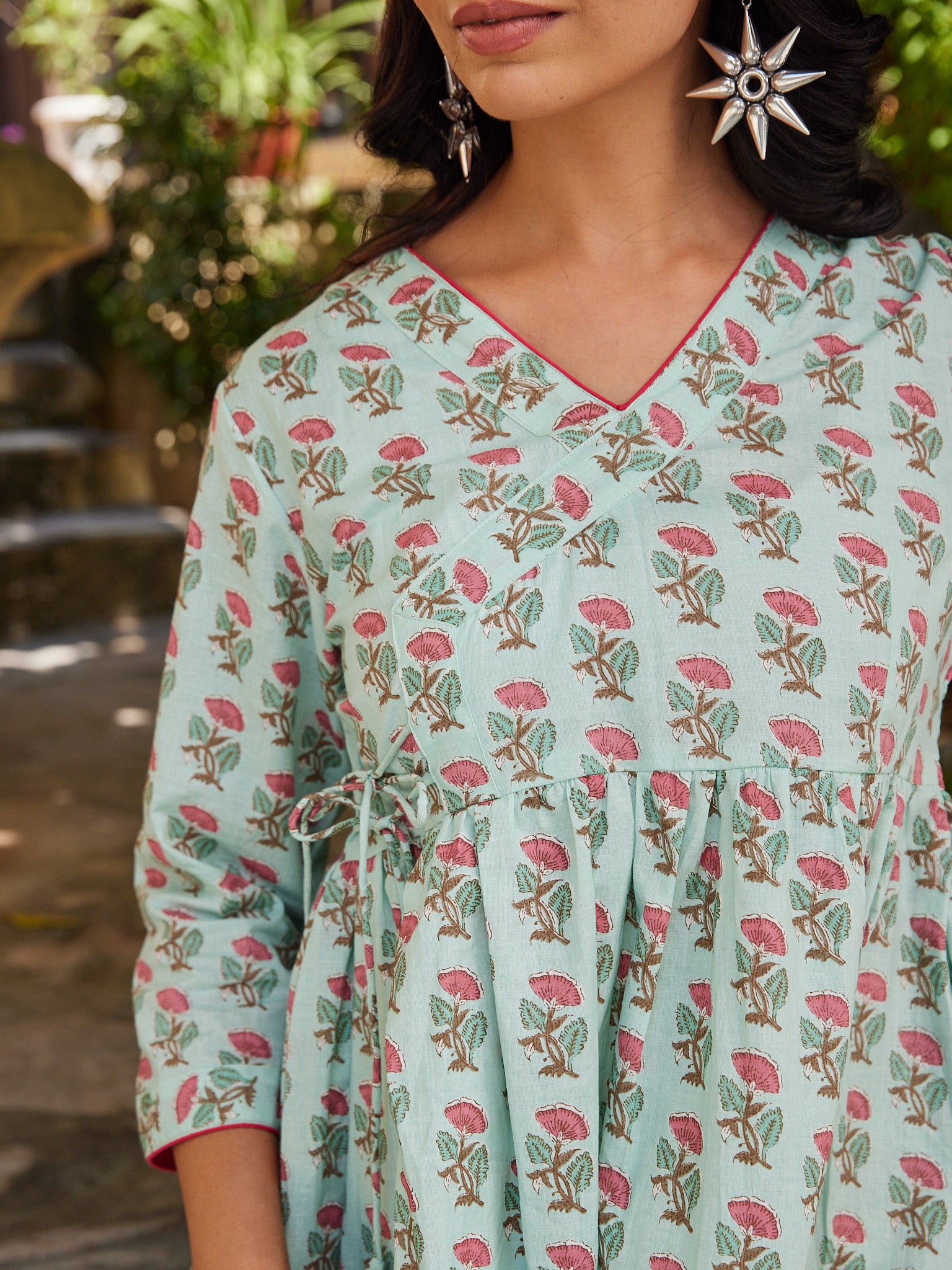 Cotton Greenish Blue-Pink Angrakha Short Kurti