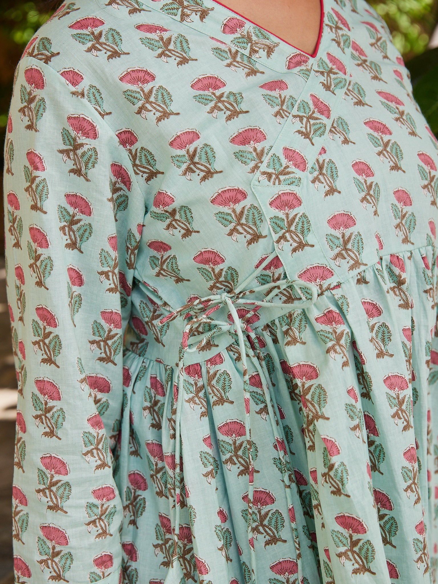 Cotton Greenish Blue-Pink Angrakha Short Kurti