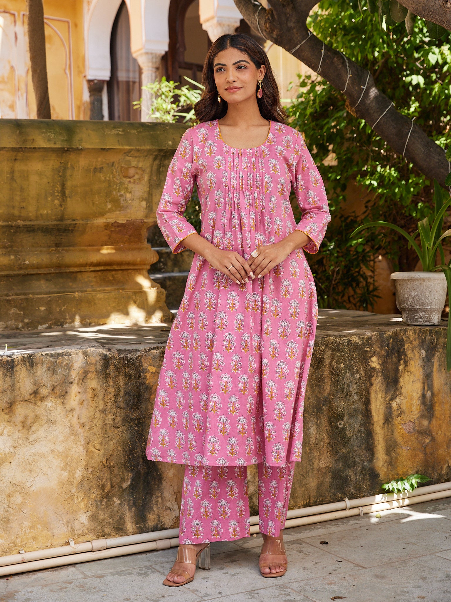 Pink Printed Floral Kurta Pant Set