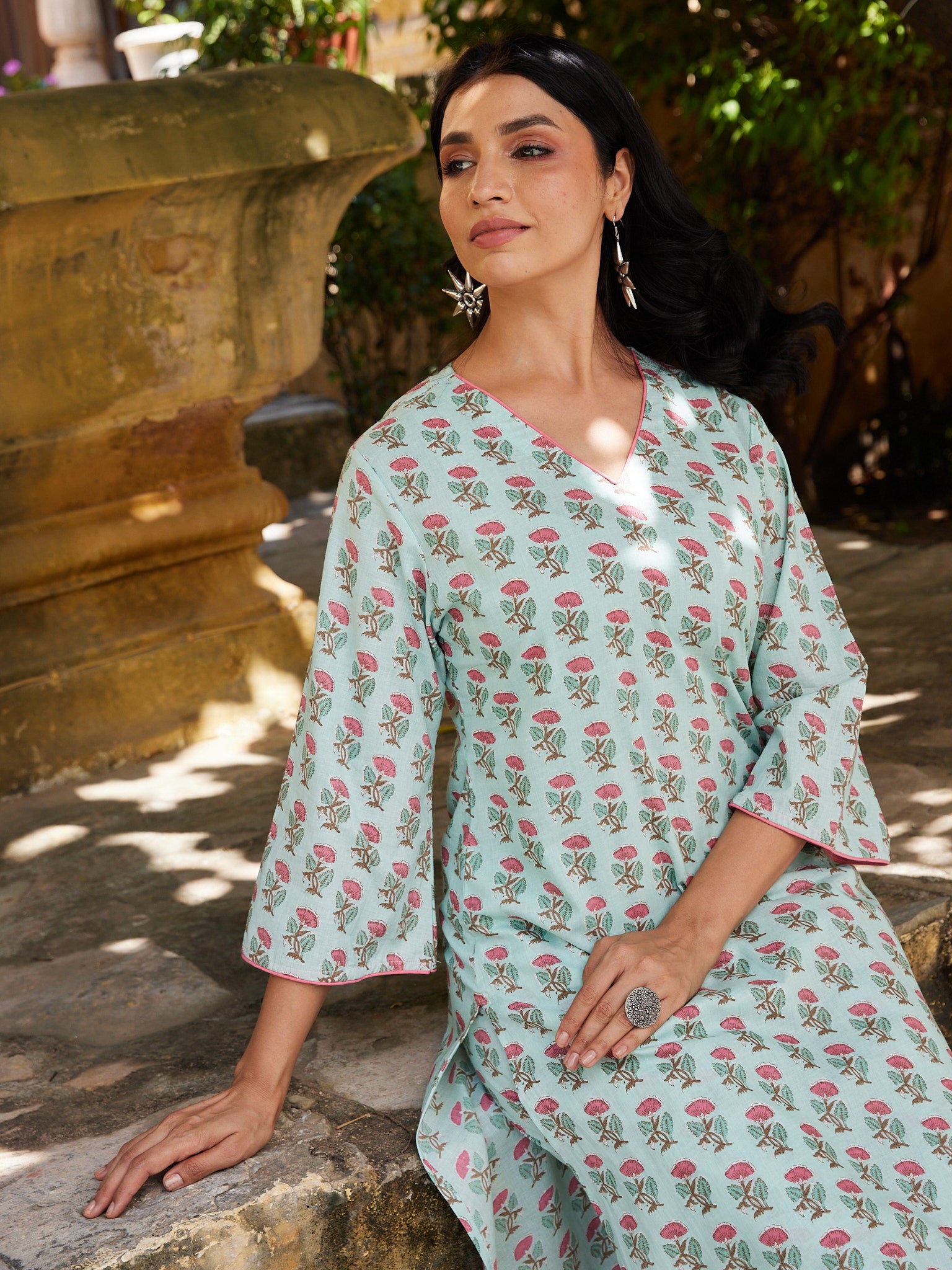 Cotton Greenish Blue-Pink Floral Long Kurti