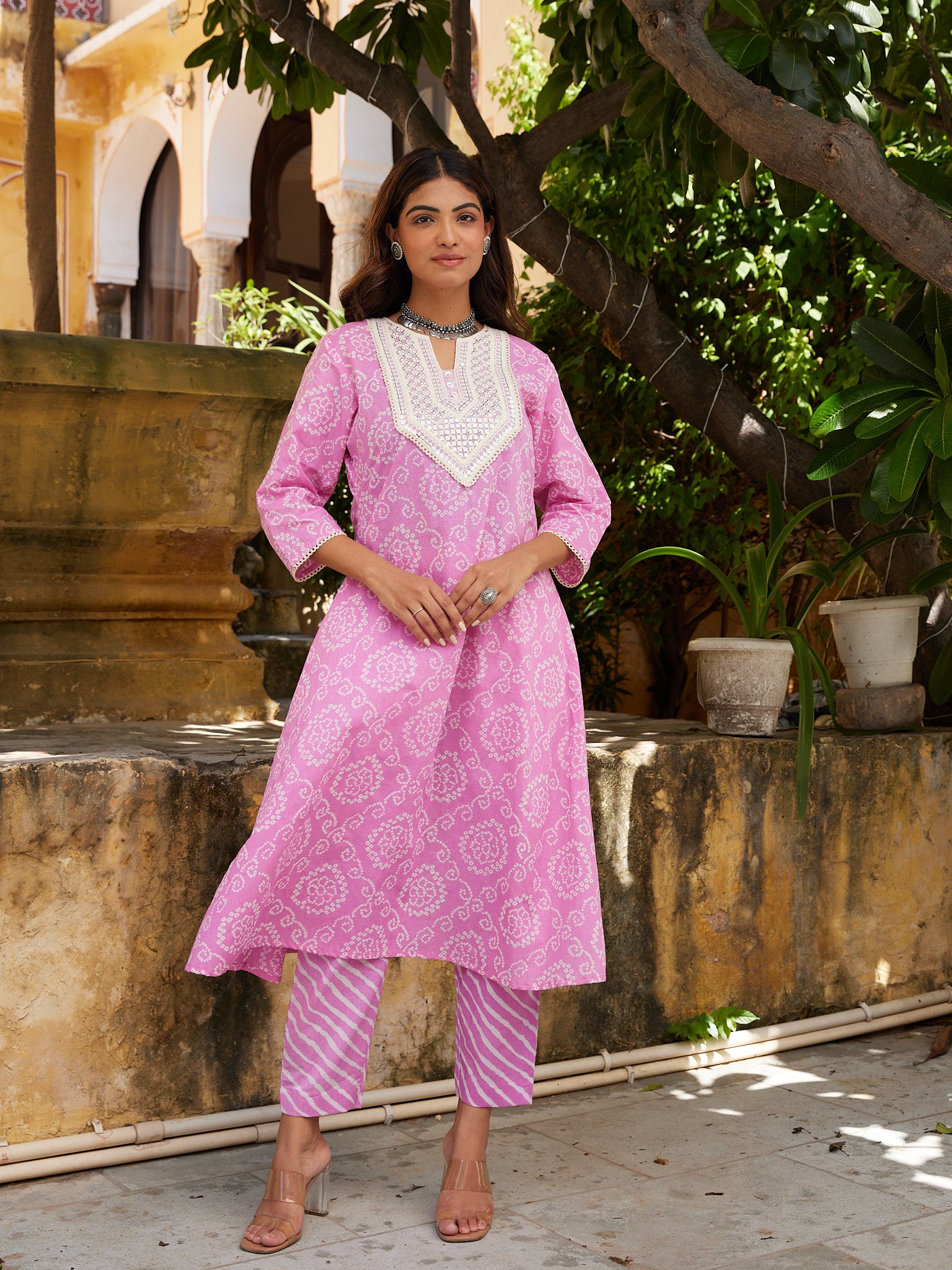 Cotton Women's Pink-White Bandhani Kurta Pant Set