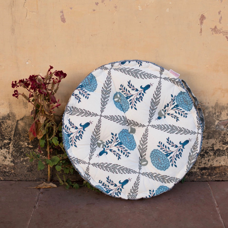 Cotton Floor Cushion Round Light Blue Grey Marigold Print