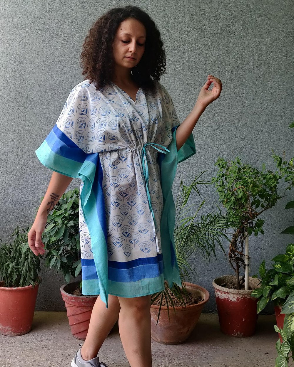 Cotton Short Kaftan Aqua Green Blue Block Print1 (6577628676195)