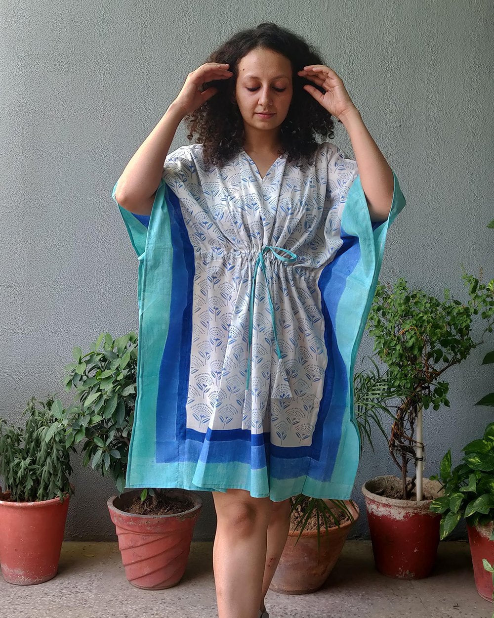 Cotton Short Kaftan Aqua Green Blue Block Print (6577628676195)