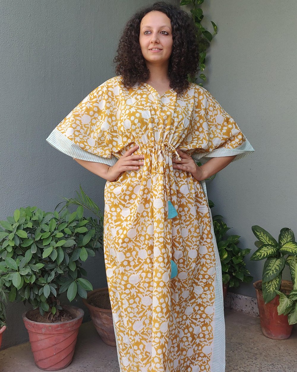 Cotton Long Kaftan Light Brown Gadh Floral Block Print1 (6577628741731)