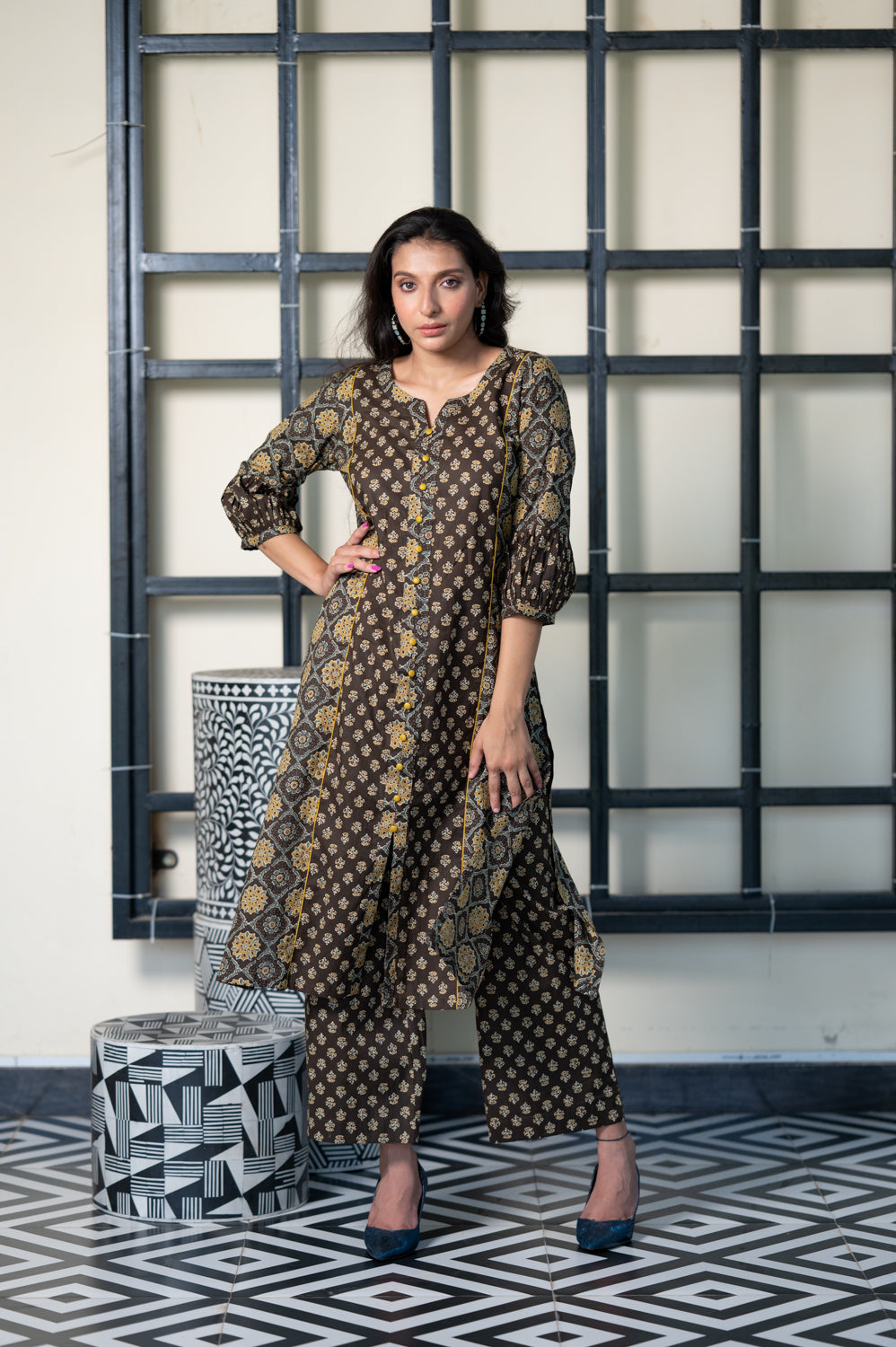 Brown Booti Kurta and Pant Set