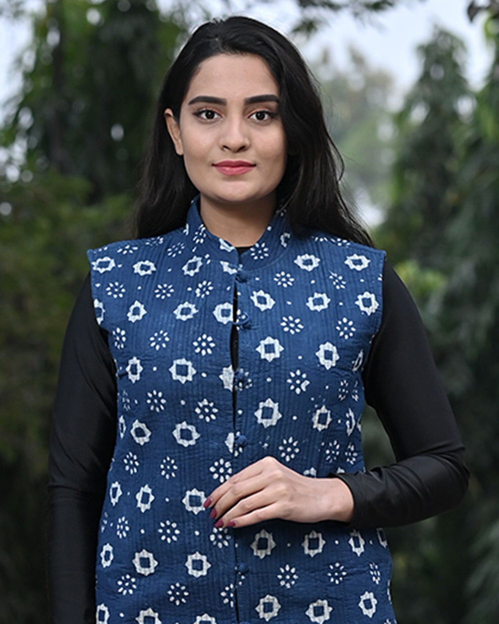 Cotton Sleeveless Quilted Jacket Indigo Booti Block Print 3 (6670640480355)