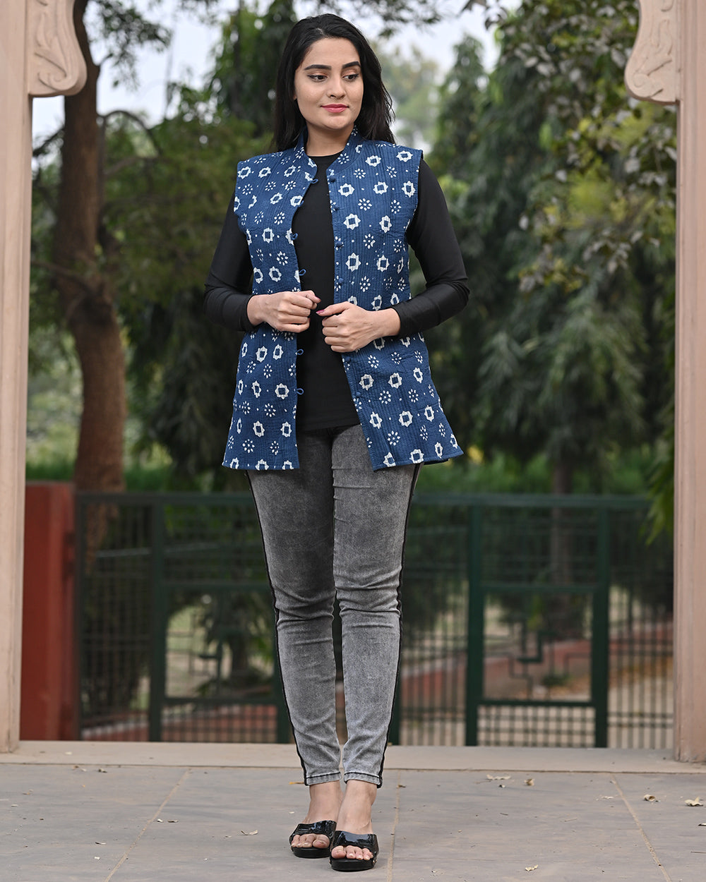 Cotton Sleeveless Quilted Jacket Indigo Booti Block Print 1 (6670640480355)