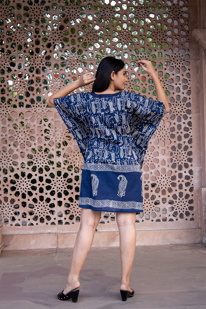 Cotton Short Kaftan Indigo Fish Dabu Block Print 1 (6668722831459)