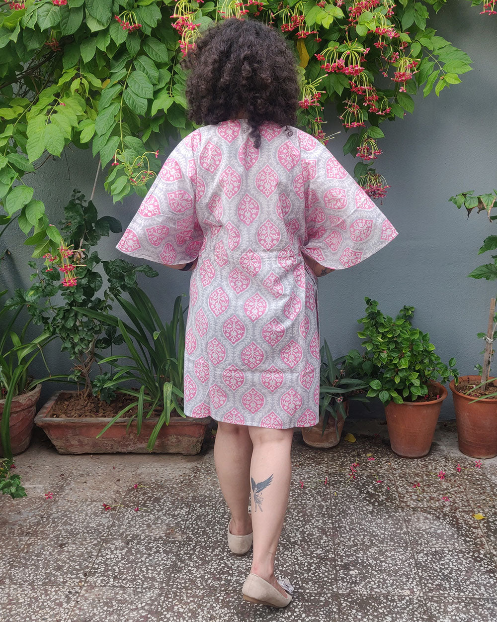 Cotton Short Kaftan Pink Grey Jaal Block Print 2 (6665692905571)