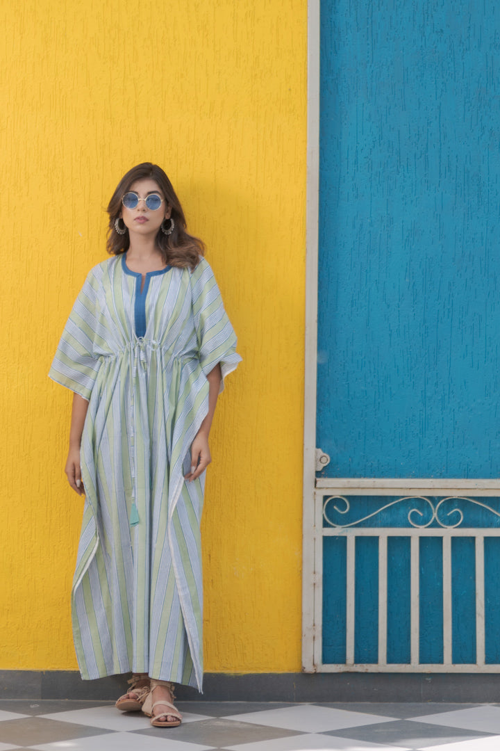 Cotton Long Kaftan Light Green Blue Striped Block Print (6735461711971)