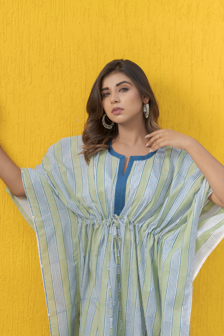 Cotton Long Kaftan Light Green Blue Striped Block Print 2 (6735461711971)