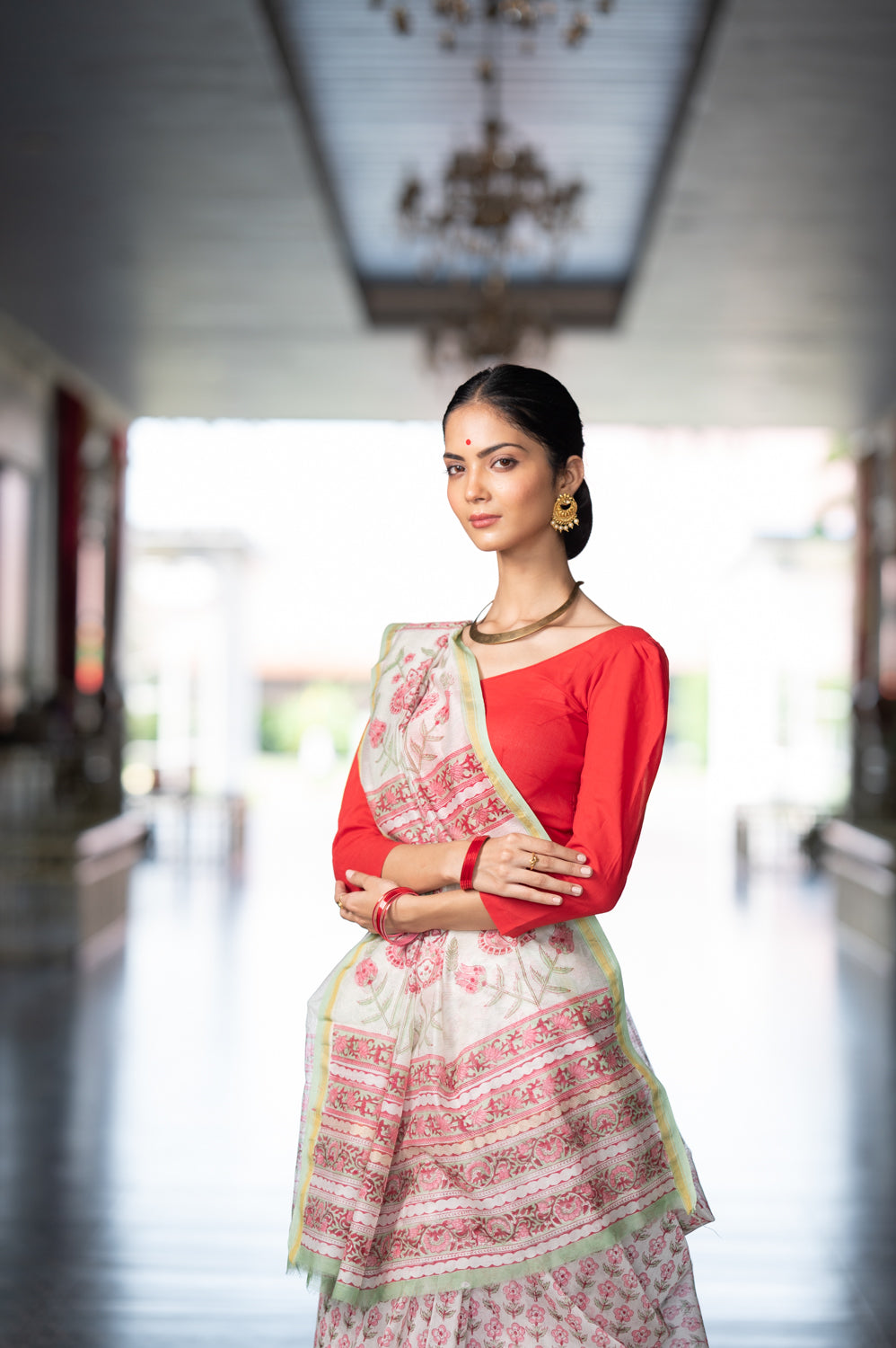 Hand Block Printed Chanderi Saree - Leaf & Flowers (6840633360483)