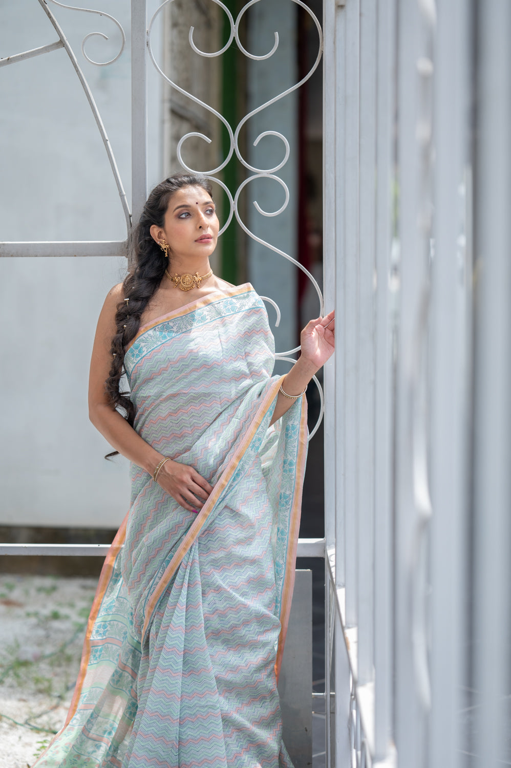 Pastel Blue Chanderi Saree (6840633491555)