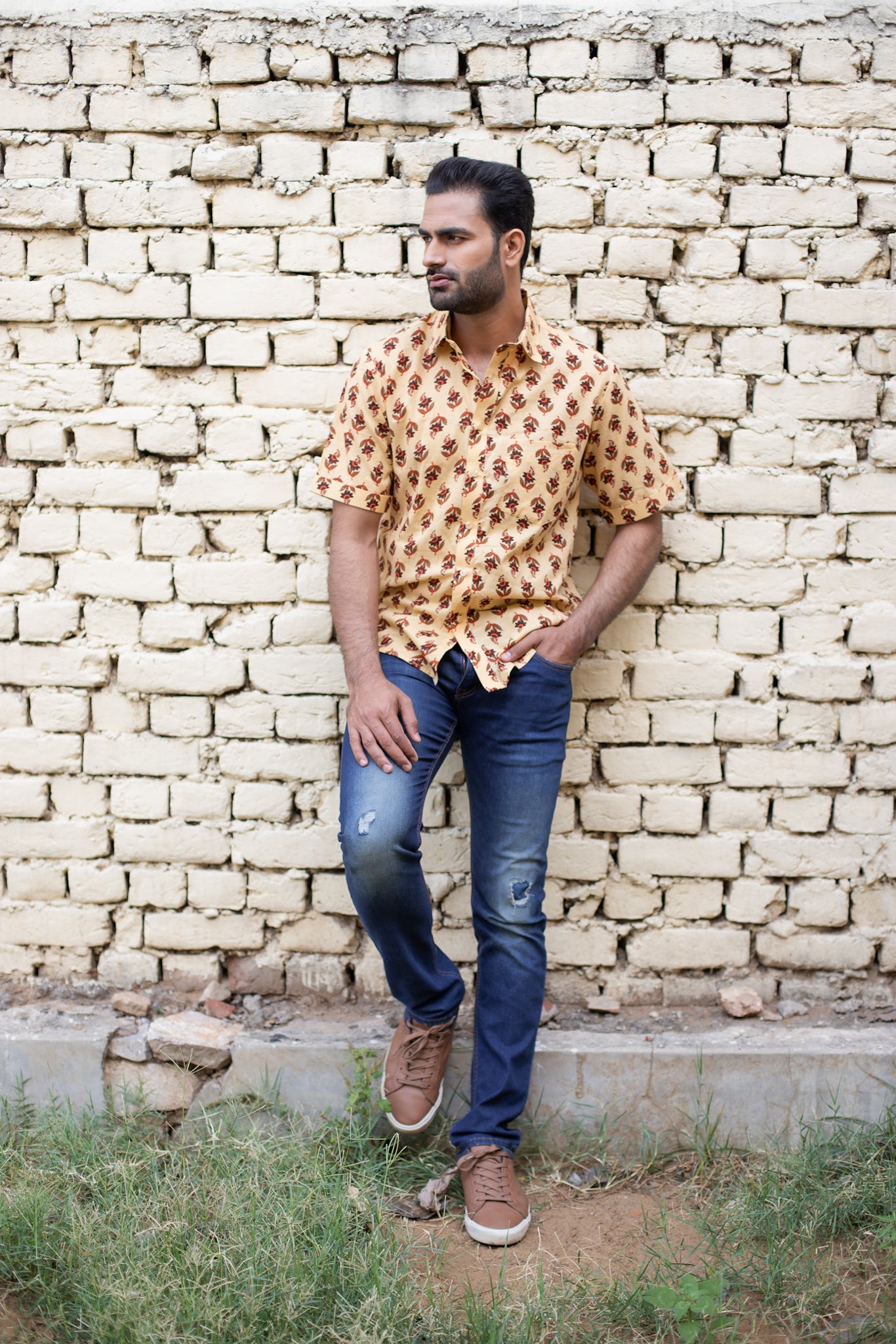 Champagne Yellow Cotton Men's Shirt with Brown Floral Buti