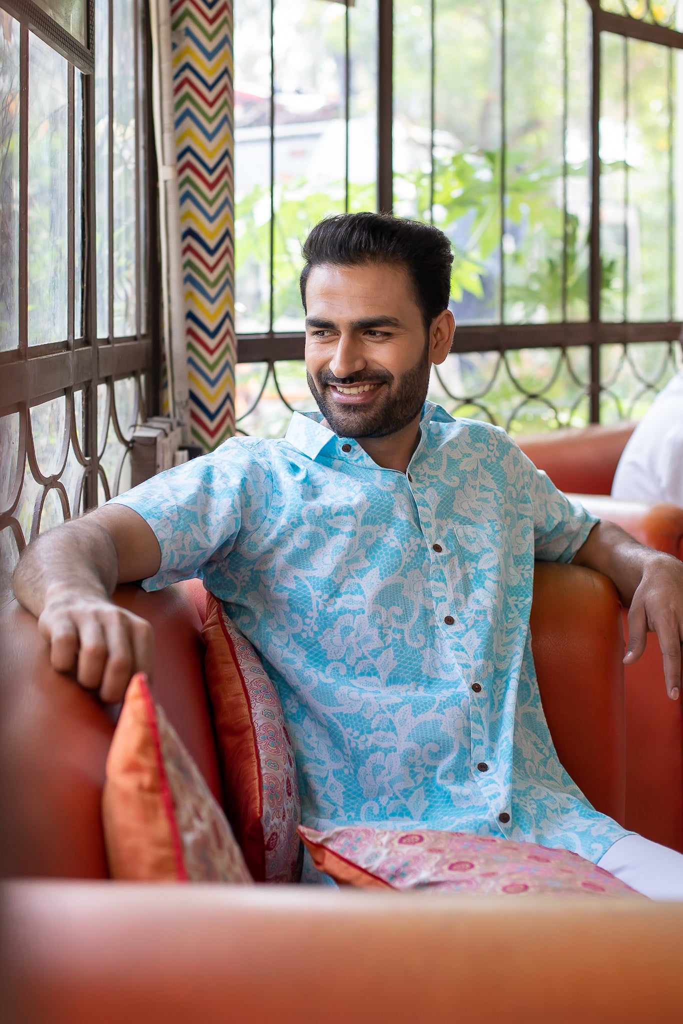 Sky Blue Cotton Men's Shirt with White Floral Jaal