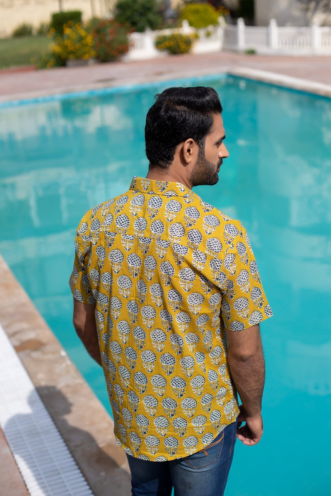 Mustard Cotton Men's Shirt with a Dark Blue Floral Buti 1